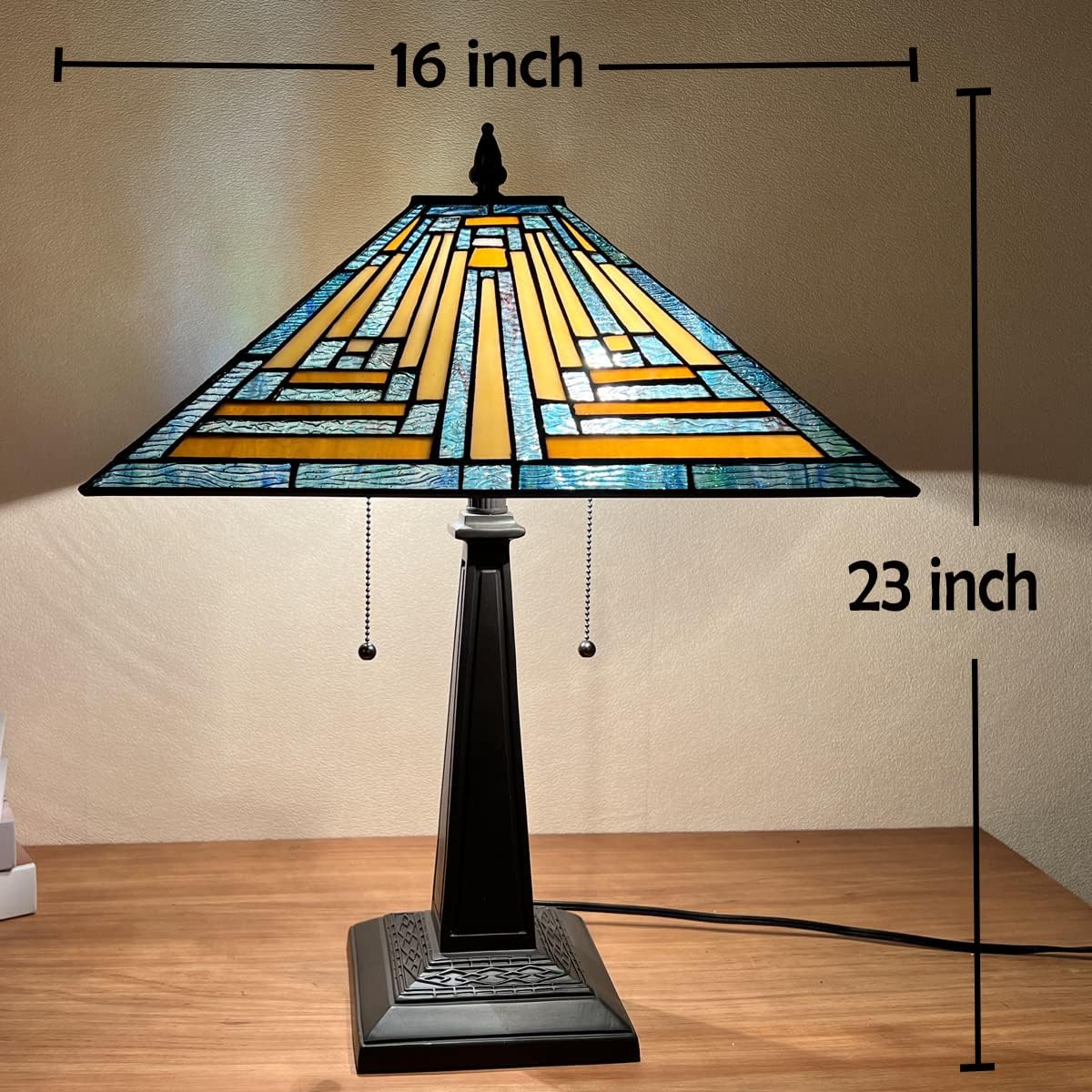 Tiffany Table Lamps 16" Wide Handmade Stained Glass Desk Lamp for Reading 2 Lights Blue Mission Style Antique Table Light for Living Room Bedroom Home Office