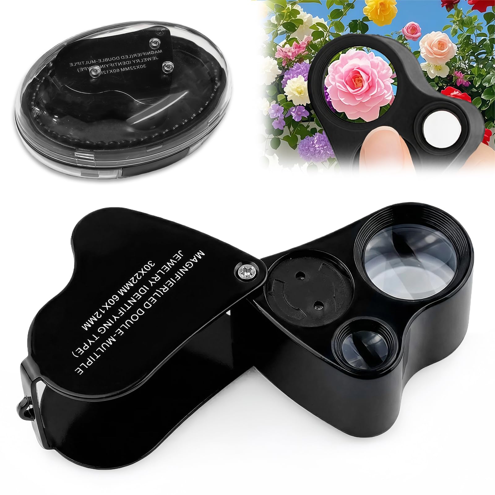 AMFUN 30X And 60X Jewellers Loupe,Folding Magnifying Jewelry Eye Magnifier with LED Light for Diamonds, Jeweller, Coins, Stamps(Currency Detecting/Jewelry Identifying)