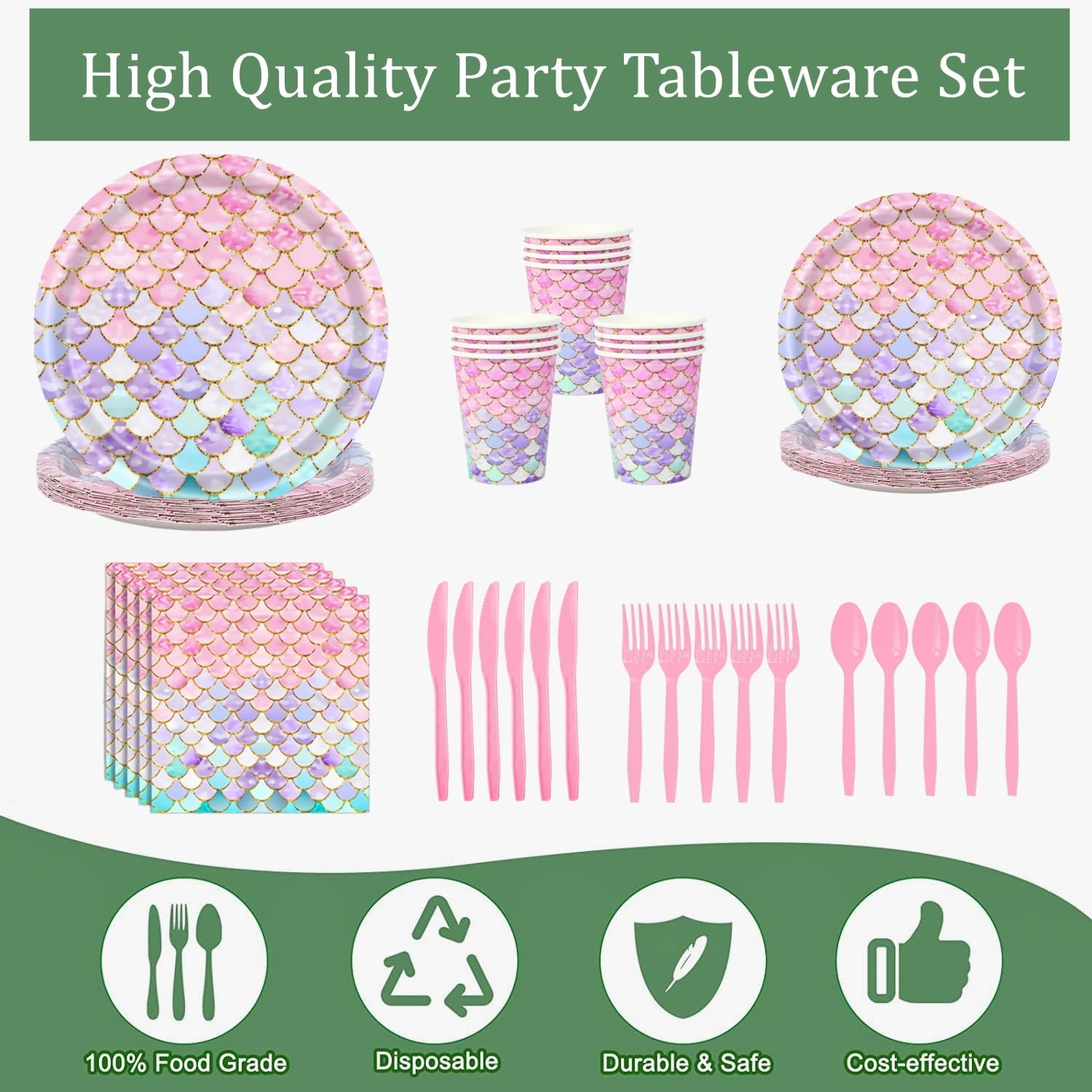 Askljeby 168 Pcs Mermaid Birthday Party Decorations Plates Set for 24 Guests, Little Mermaid Party Supplies Ocean under the Sea Party Plate Napkins Knives Forks Spoons Cups for Princess Girls