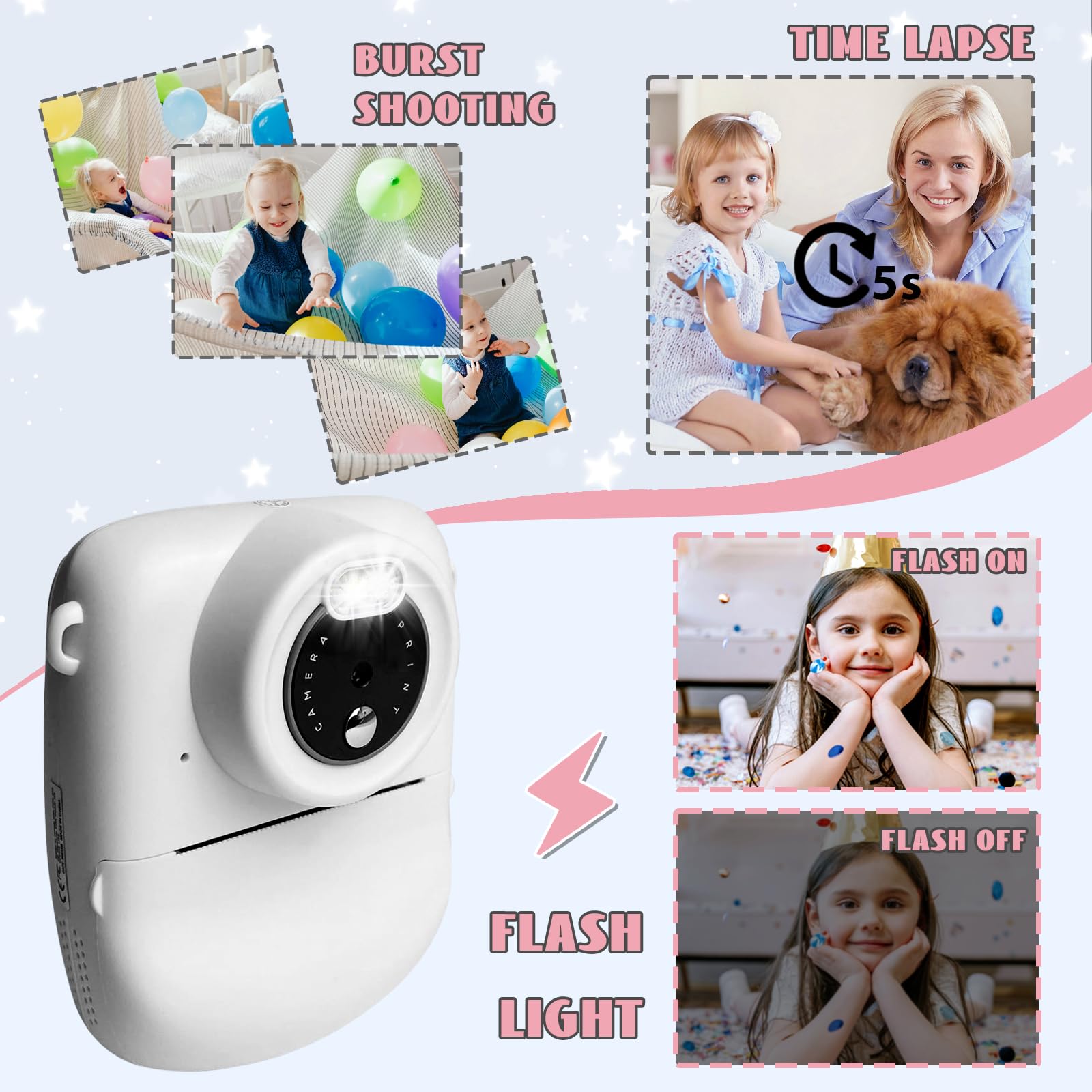 OKA Kinderkamera Sofortbildkamera Doppellinse Kinder Kamera mit Fotos Drucken, 1080P 2.4 Zoll Digitalkamera Kinder Fotoapparat mit Thermopapier, Sinnvolle Geschenke für Mädchen und Junge 3-12 Jahre