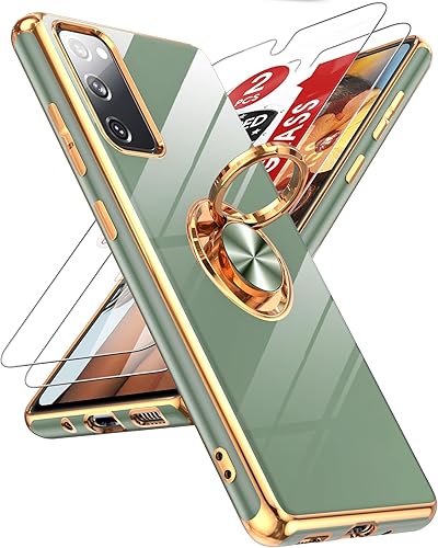 LeYi Funda para Samsung S20-FE con protector de pantalla de vidrio templado 2 paquetes, soporte de anillo giratorio de 360, soporte magnético,