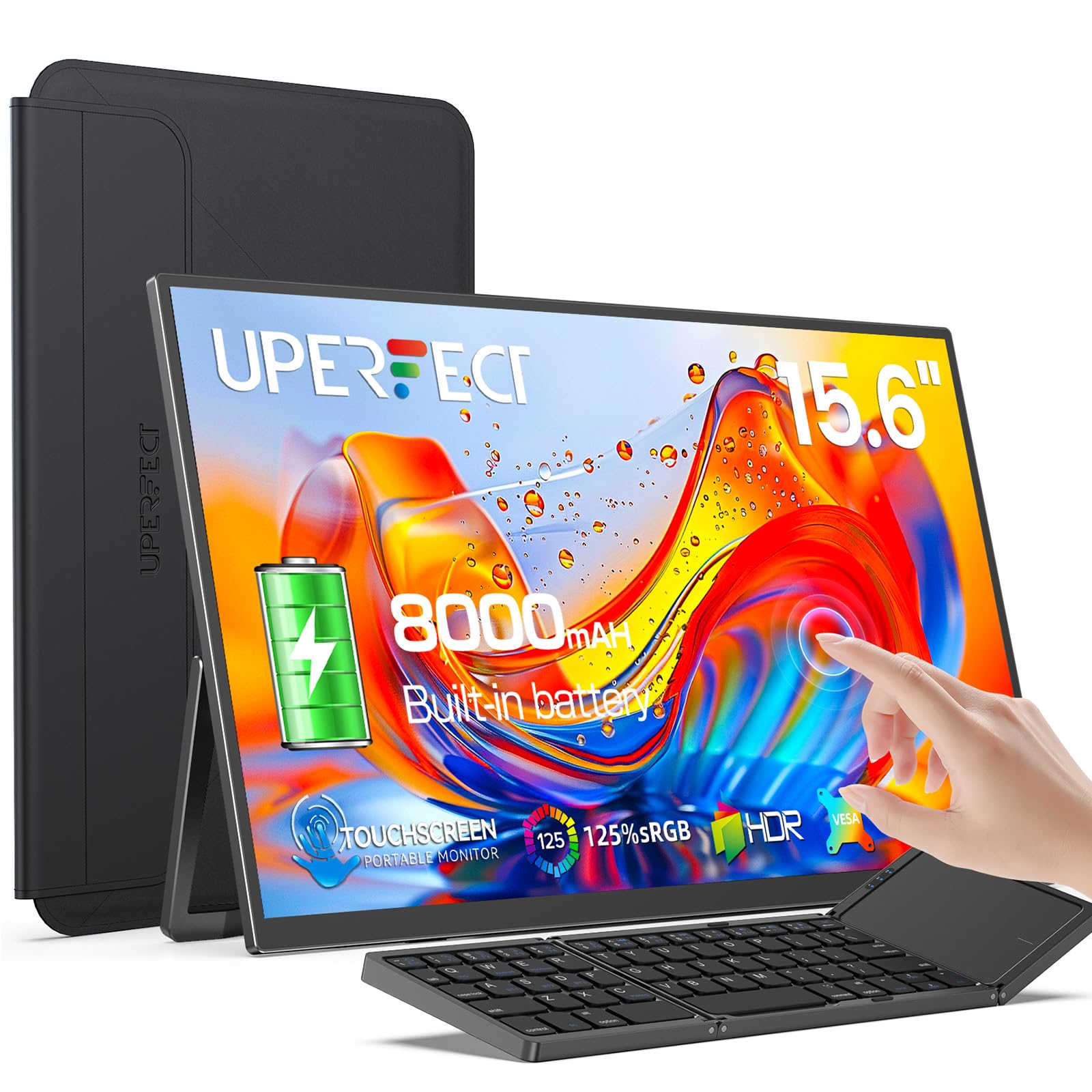 UPERFECT 15,6" Touchscreen Monitor Portatile con Batteria 8000mAh, 1080P | Tastiera Bluetooth Pieghevole e Custodia Protettiva per PC Laptop Xbo Switch, Supporto Integrato, Compatibile VESA