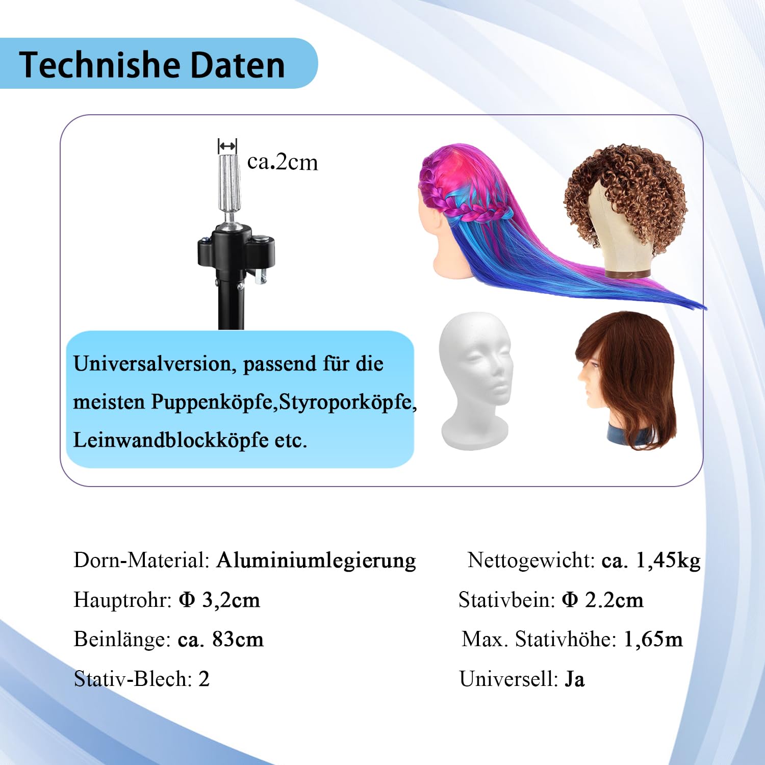 Übungskopf Ständer Stativ für Frisierkopf Perückenkopf Ständer Puppenkopfständer 88-165cm mit Aufbewahrungstasche und extra Abteilklammern