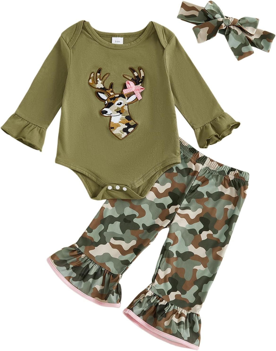 Newborn Baby Girl Hunting Clothes Deer Long Sleeve Romper Jungle Camo Flare Pants Set 3 Piece Fall Winter Outfit