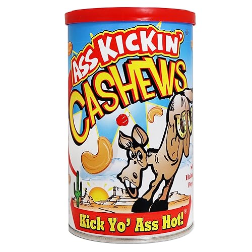 ASSKICKIN' Anacardos picantes y picantes tostados, nueces picantes con sabor a habanero, lata resellable de 6 onzas, aperitivos picantes perfectos