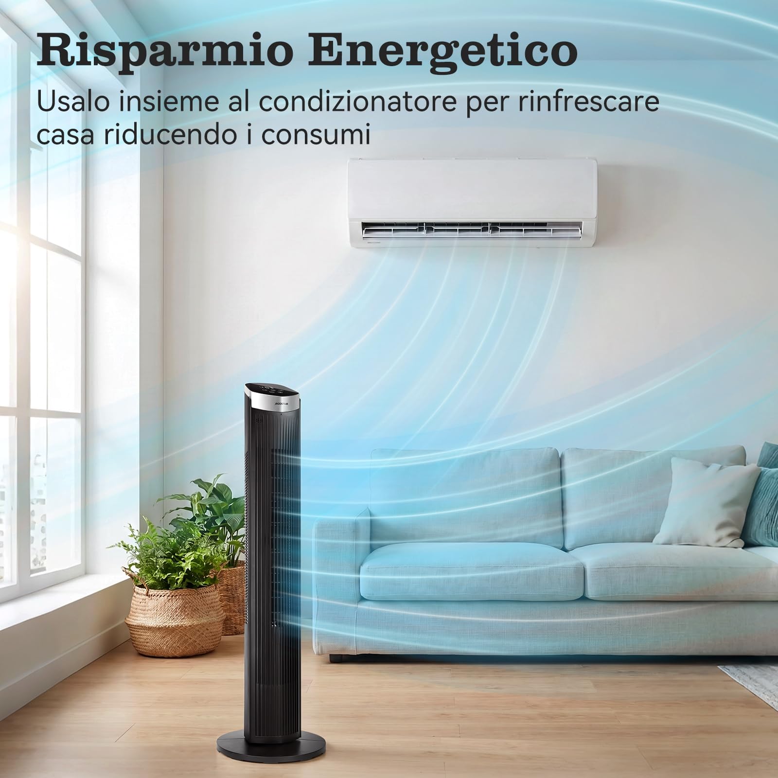 Aigostar Ventilatore a Torre Silenzioso con Telecomando e Timer 12H, 3 Modalità (Normale/Naturale/Sleep), 3 Velocità Regolabili, Oscillazione, LED Display, 28 dB, Portata Aria 1752m³/h, Nero *2