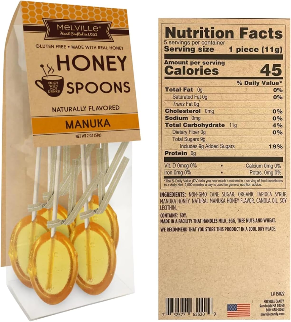 Melville Honey Spoon Bundle Pack of 3 Flavors - Honey Dipper, Manuka, Lemon, Orange Blossom - 15 Honey Spoons For Tea - Delicious Candy Spoons - Hard Candy Honey Spoons Lollipop On Wooden Ball Sticks