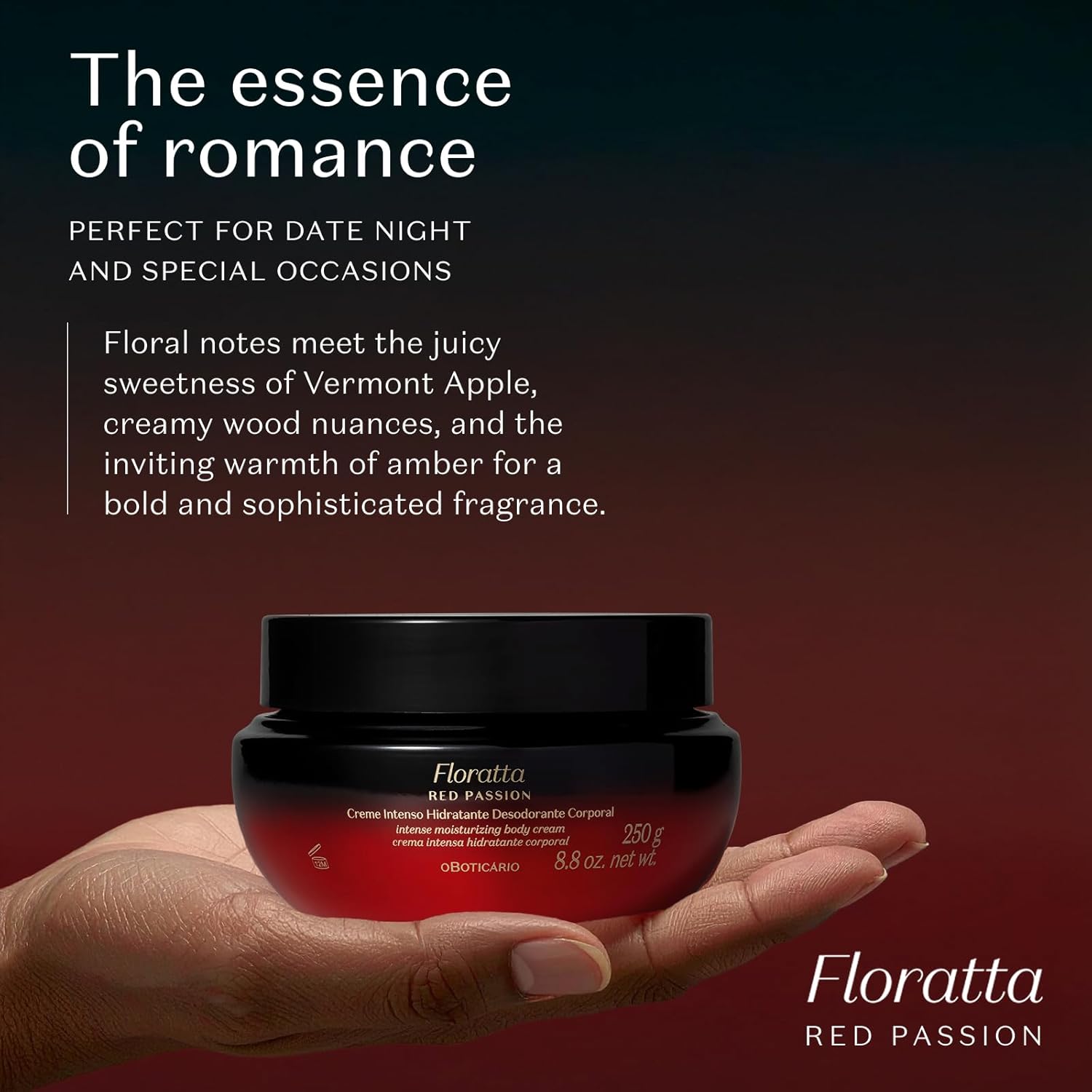 O BOTICARIO Floratta Red Passion Body Cream, Luxurious Hydration with Bold Floral & Amber Fragrance, Fast-Absorbing Moisturizer, 8.8 Ounce (250g) - Image 4