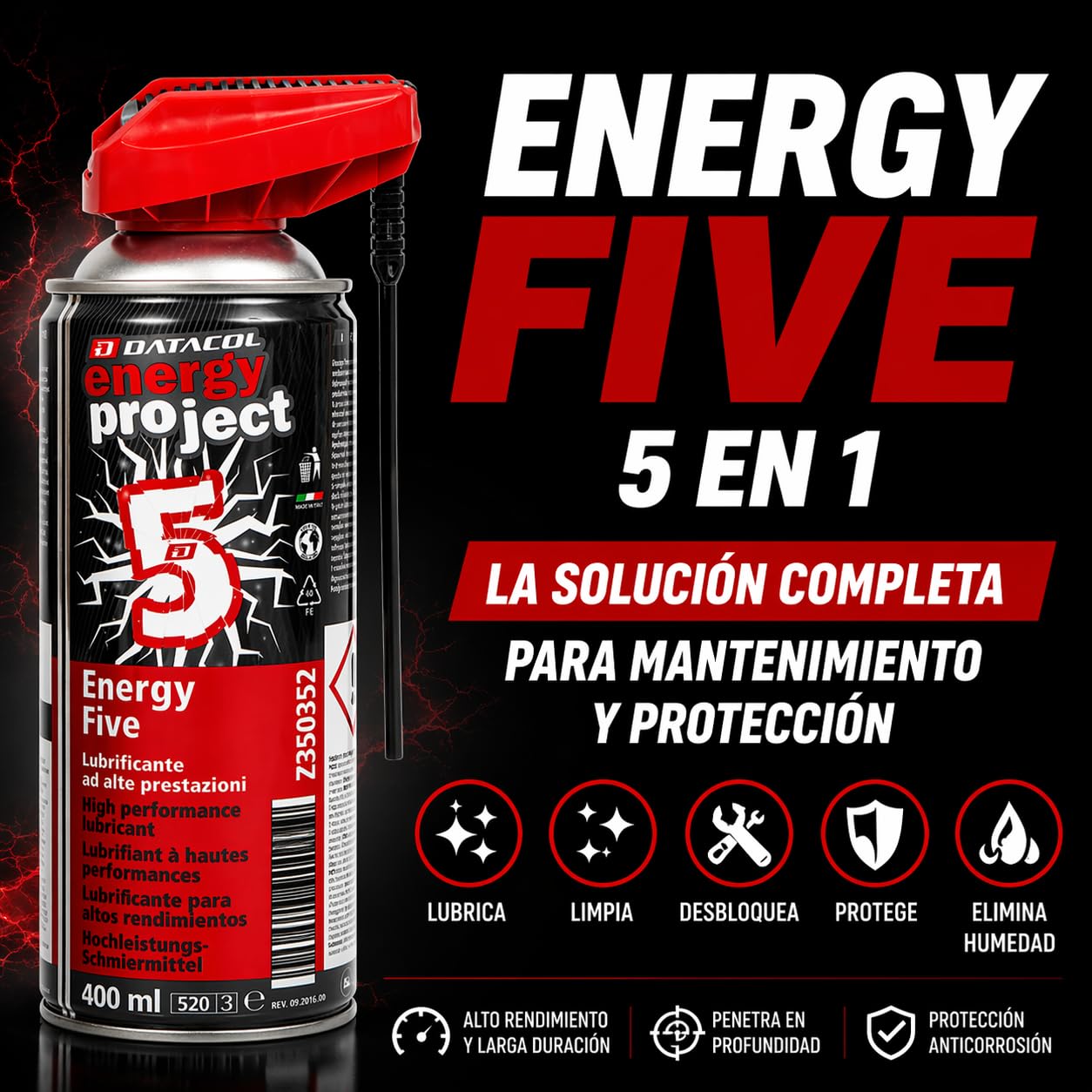 Datacol lubricante spray multiuso 5 en 1, aflojatodo de alto rendimiento y larga duración, elimina óxido y protege contra corrosión, 400 ml (4)