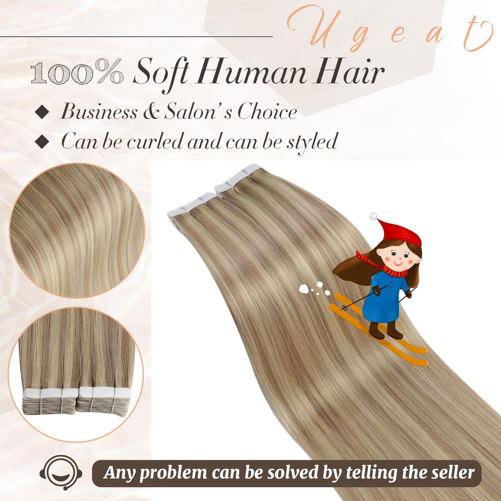 Ugeat Highlight Tape in Hair Extensions Human Hair 16 Inch Golden Blonde Human Hair Extensions Tape in Real Hair Dark Ash Blonde Natural 50G 20Pcs #16/22 - Image 2