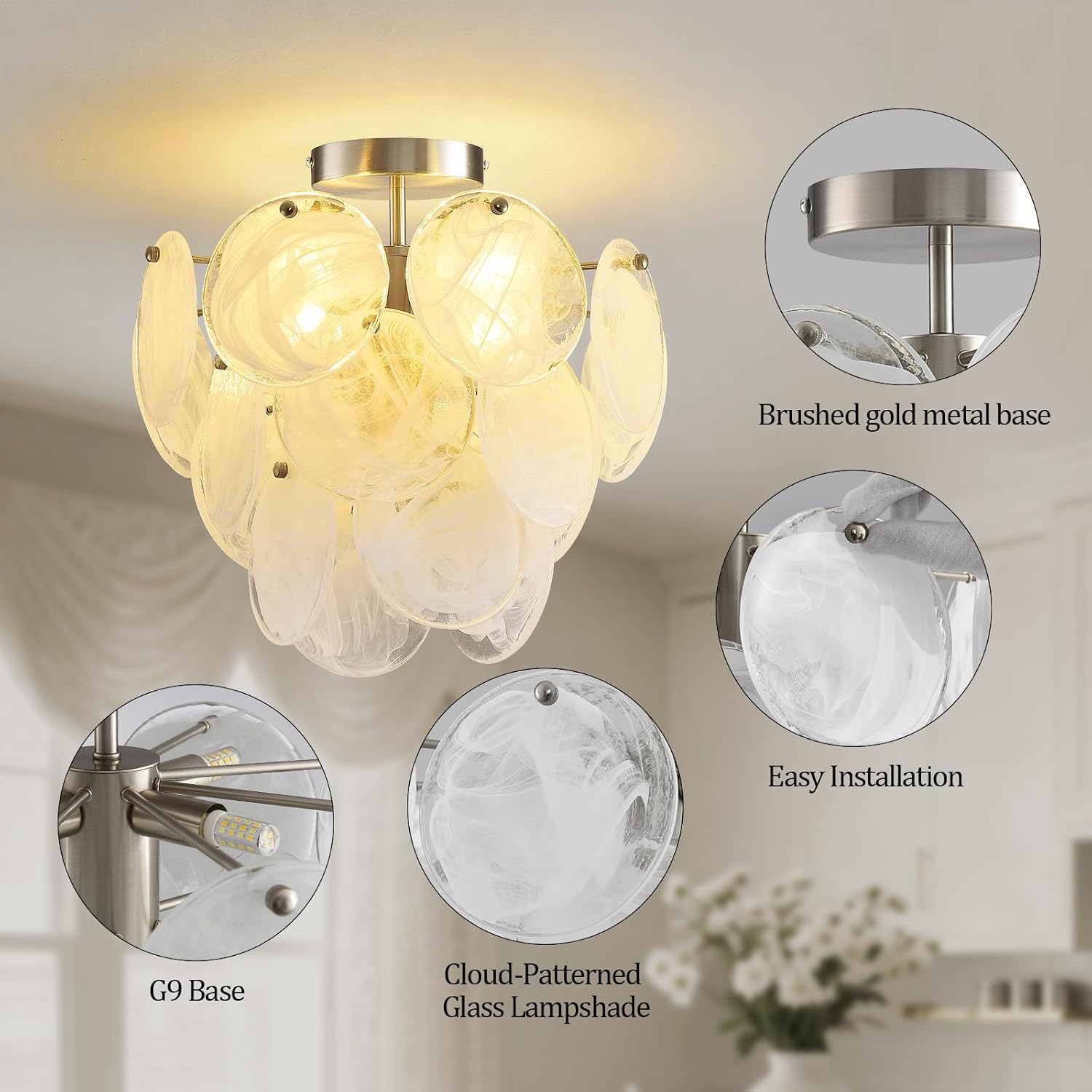 Glass Ceiling Light Fixture, 13.78"Brushed Nickel Moderns Semi Flush Mount Round Ceiling Light with Cloud Glass Shade, Hallway Lighting for Bedroom, Dining Room, Foyer and Bathroom G9 Base 4-Light