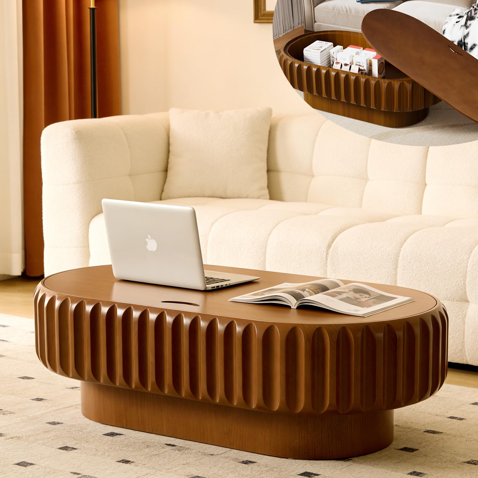 TYONGCOFF 110CM Oval Coffee Table with Storage, Modern Wood Fluted Drum Center Table