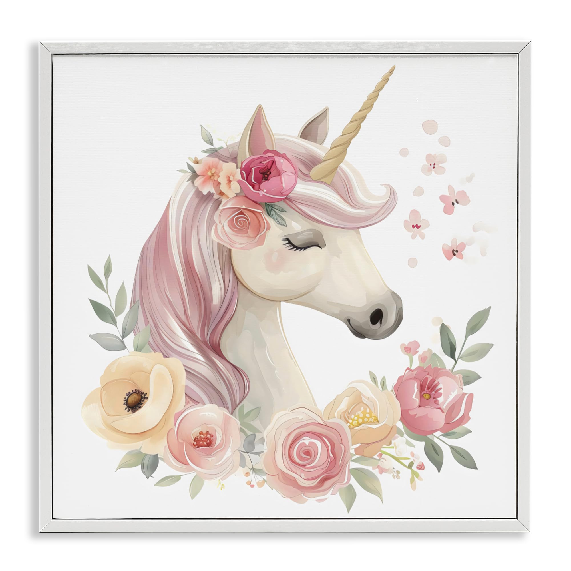 Licorne avec couronne florale Stupell Industries cadre blanc 61x61 cm
