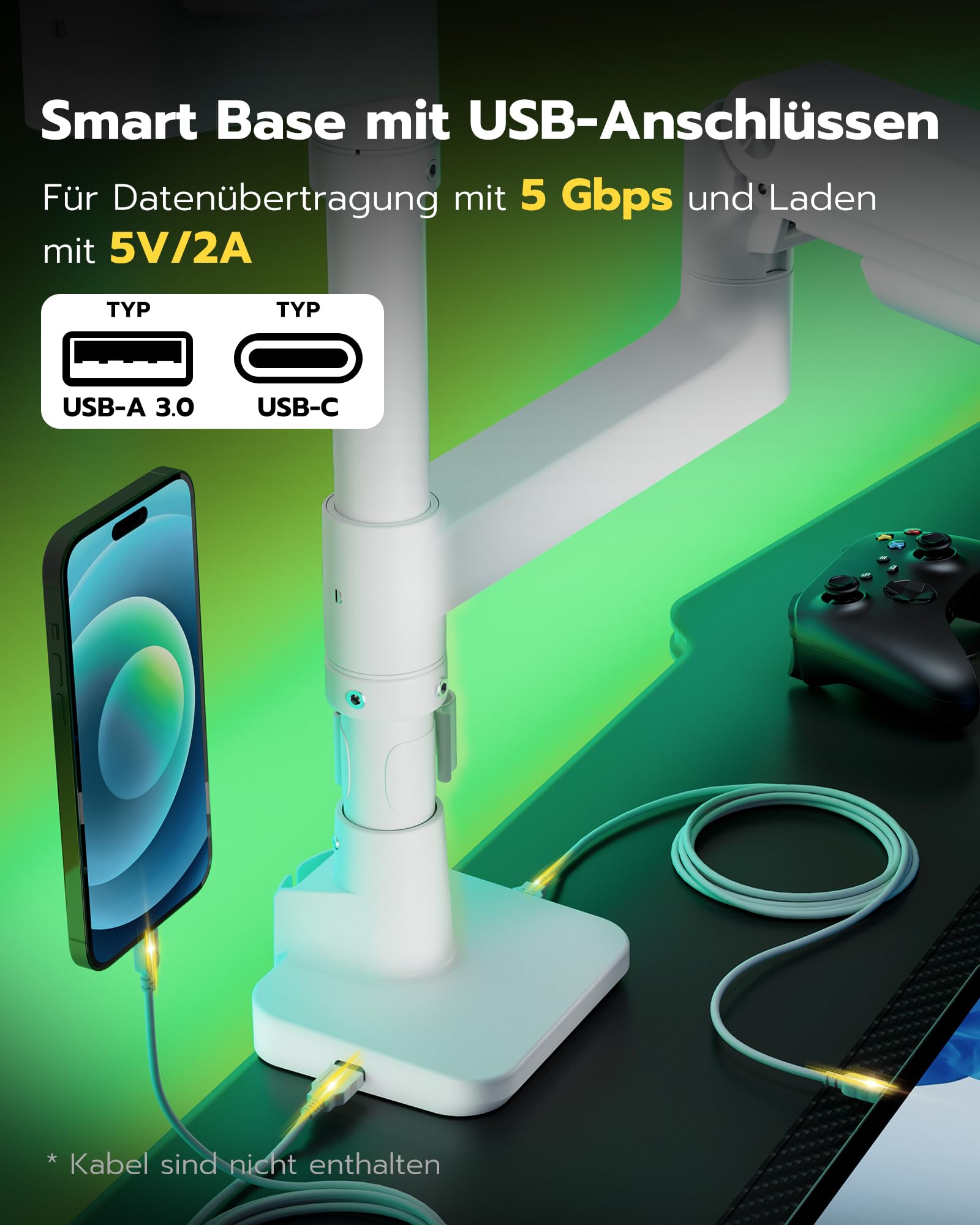 ARES WING Monitorhalterung 2 Monitore mit USB,17–49Zoll, 20kg/Arm, Weiß | Dual Monitorarm übereinander mit Gasfeder, höhenverstellbar für Curved & Flach-Bildschirme, Kabelmanagement, VESA 75/100 mm