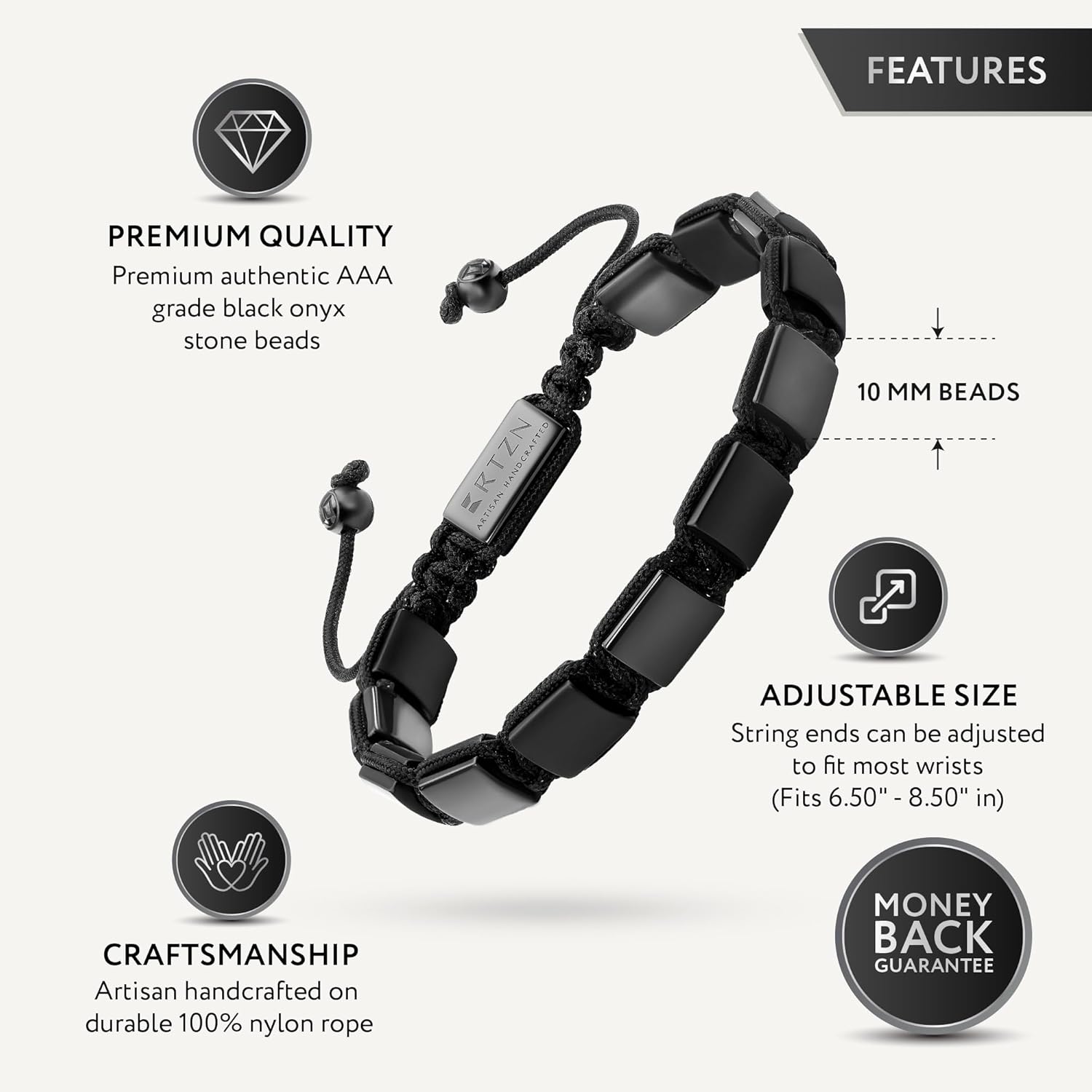 RTZN® Black Onyx Bracelet for Men – Premium Artisan Handcrafted Authentic Matte Black Beaded Bracelet for Men – 8MM Adjustable Mens Beaded Bracelets - Image 3