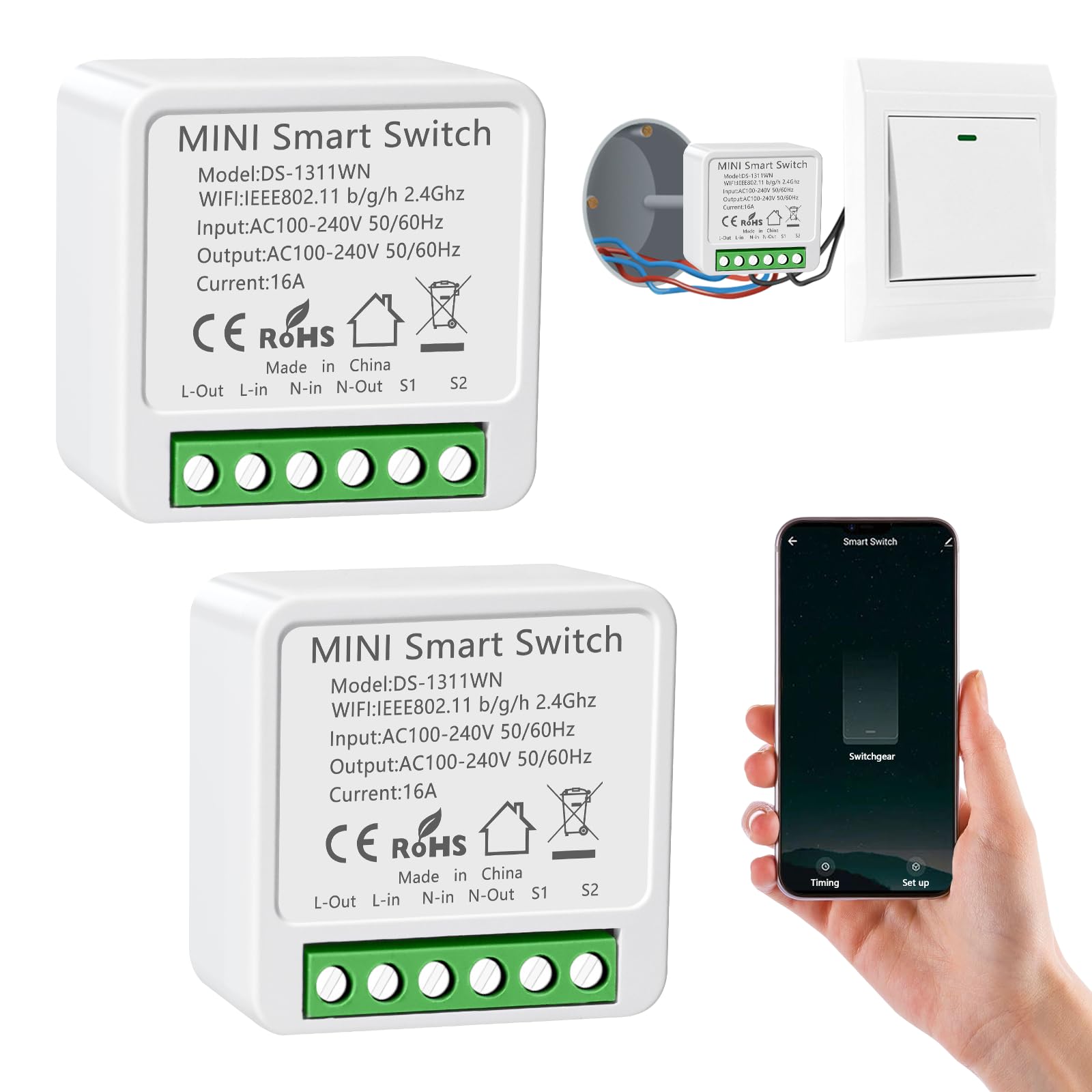 2PC Interruptor de Luz Inteligente WIFI, Interruptore Inteligente Alexa, Smart Switch Compatible con Alexa,Tuya y Smart Life,Interruptor WIFI, Interruptor Alexa