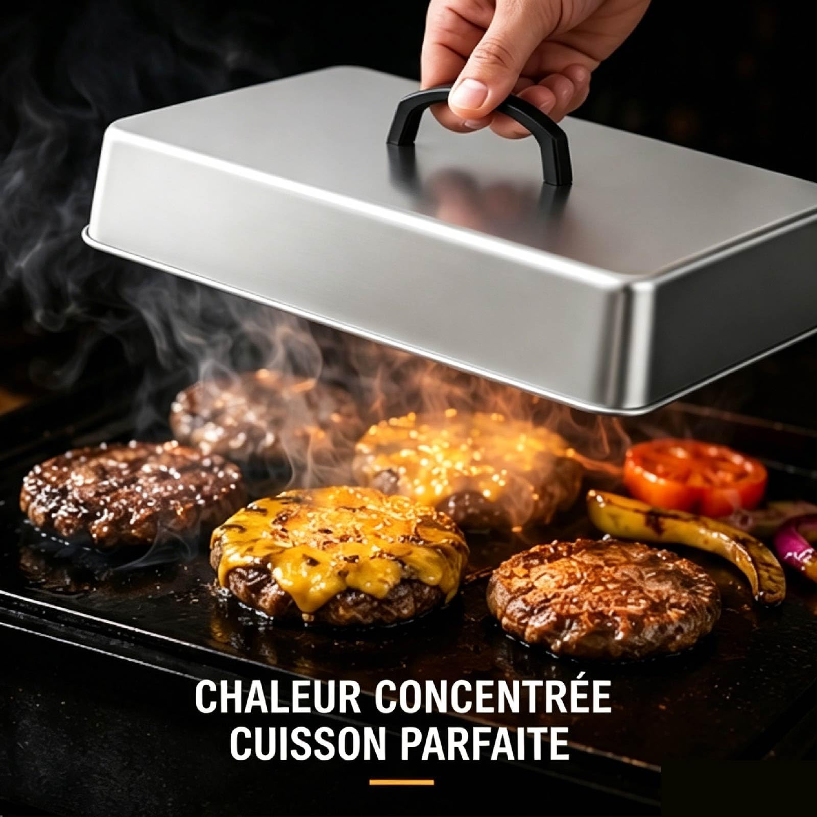 Cloche Plancha Rectangulaire avec Poignée Anti-Chaleur Cloche de Cuisson，43.5 * 28.2 * 6.6CM