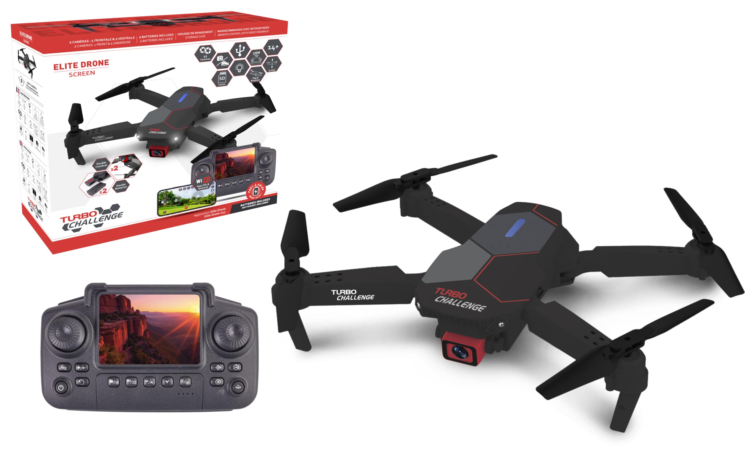 TURBO CHALLENGE - Drone - Quadricoptère - 400329 - Dispositif Volant - Noir - 2 Batteries Rechargeables - Cadeau - Anniversaire - Vidéo - Photo - Radiocommandé - Ecran Intégré - À Partir de 14 Ans