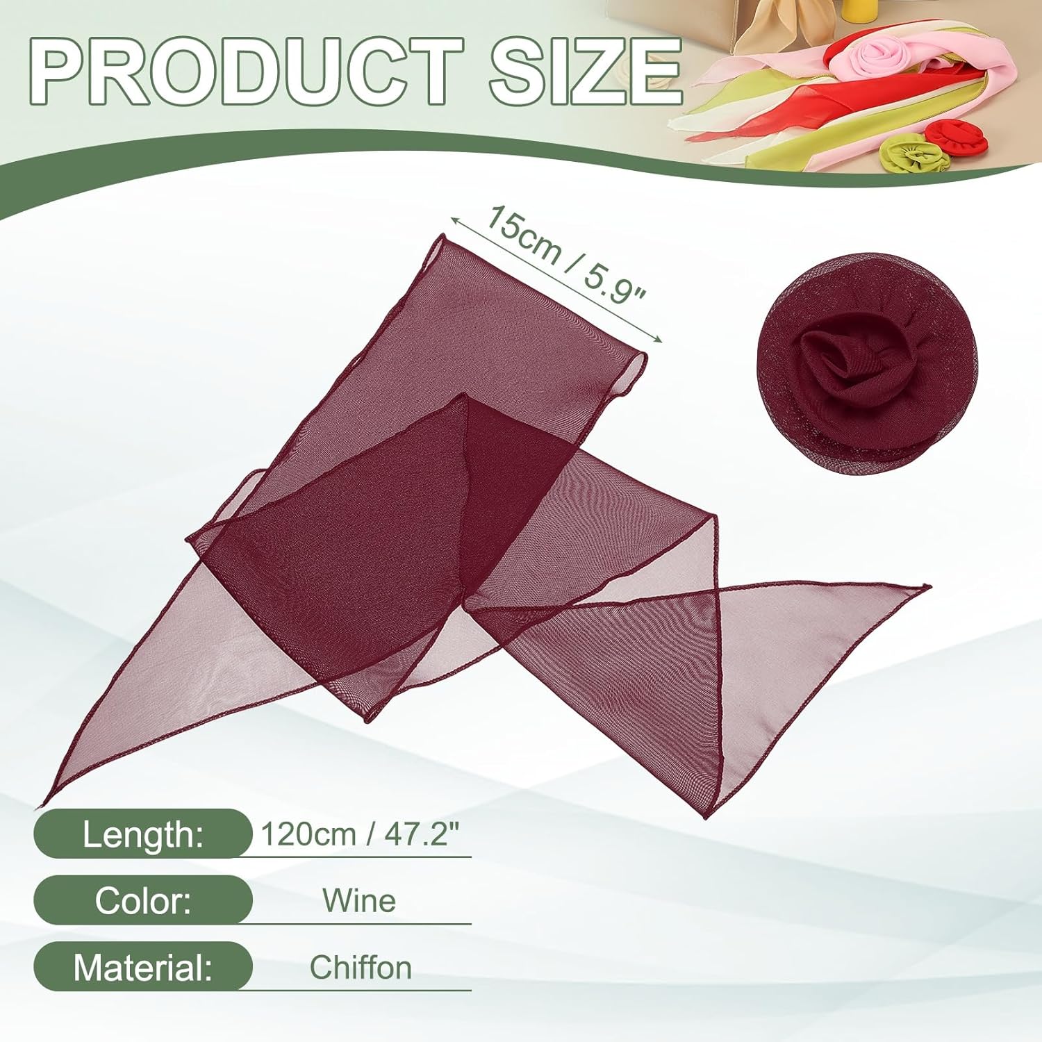 Chiffon Scarf for Women, Long Skinny Chiffon Neckerchief with Detachable Rose Flower Light Soft for Hair Ribbon - Image 2