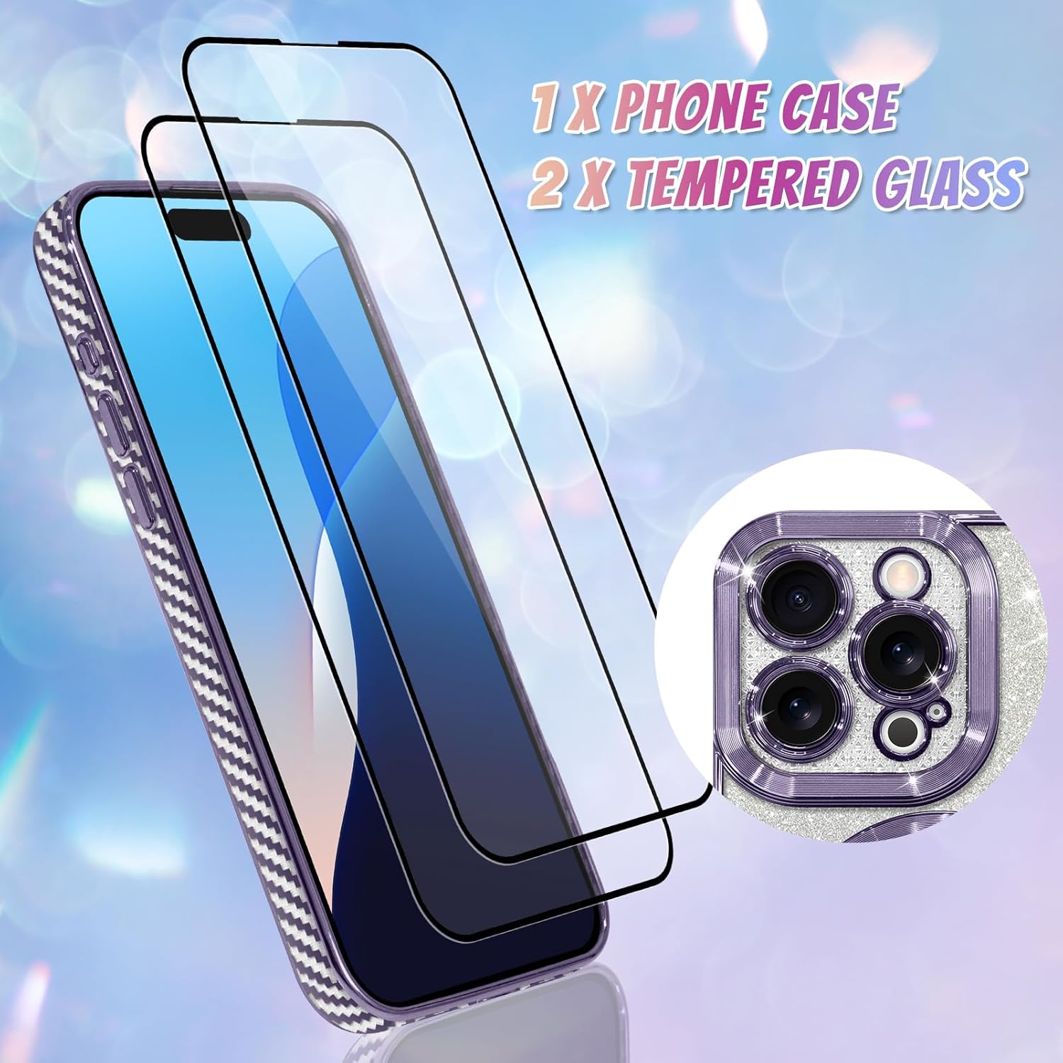 Bonoma Compatible with iPhone 16 Pro Max Case Support for MagSafe, Plating Heart Glitter Magnetic 2* Screen Protector TPU Camera Protection Back Cover for Girls Women -Purple - Image 2