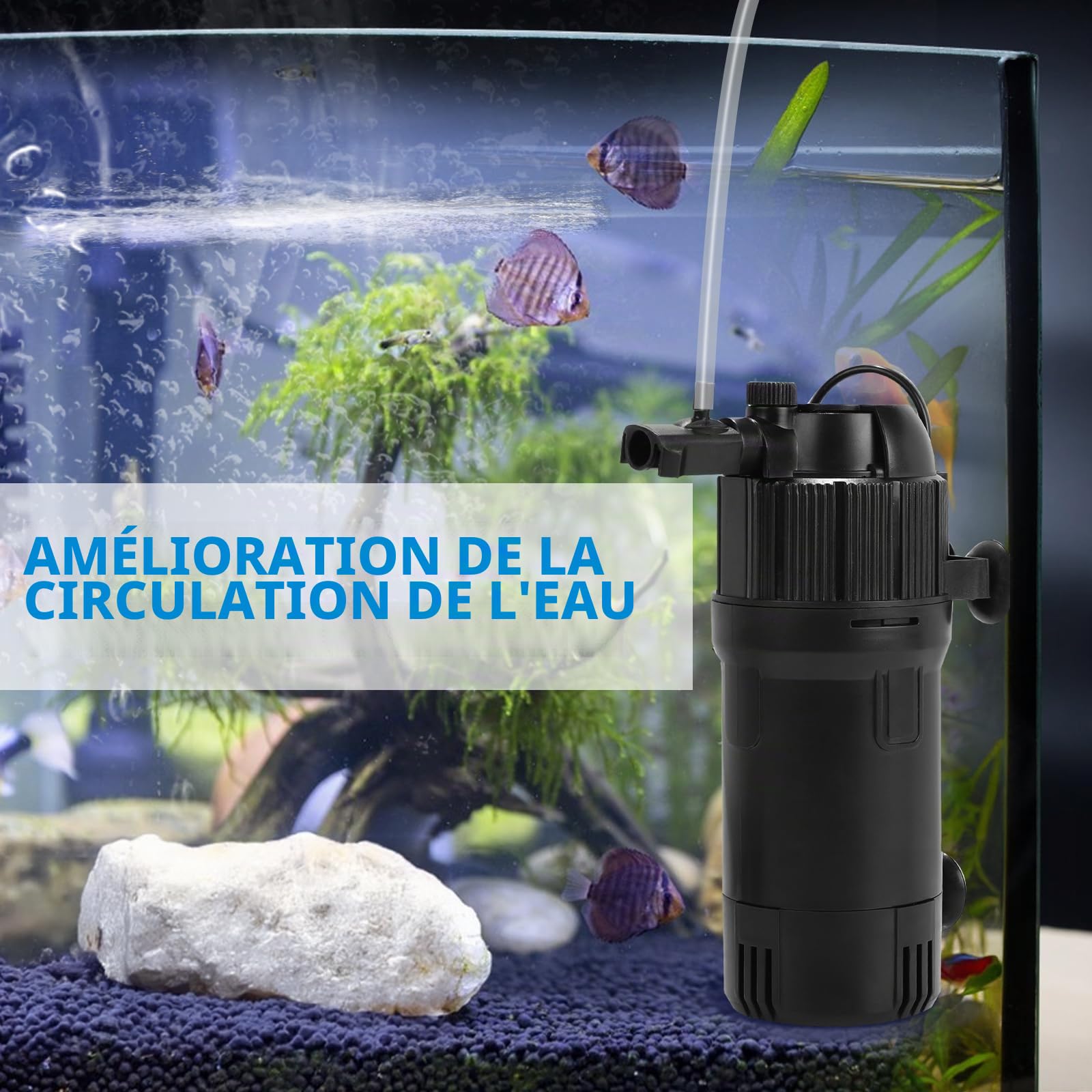 DBREAKS 5 en 1 Filtre Intérieur Aquarium 400 L/h avec 3W UVC Lampe & Minuterie, 4W Filtre Intérieur Réglable, Filtre UV Aquarium pour Réservoir Jusqu’à 40-120L, Pompe Aquariums avec Filtre