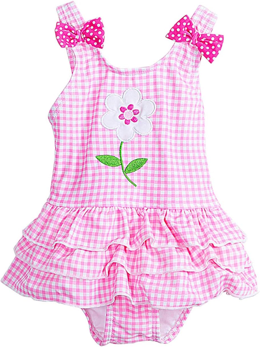 Meeyocc Baby Girls Swim Suits Tiered Ruffle Kids Bowknots Swimming Costume Toddler Children Cute One Piece Swimwear Plaid Beachwear