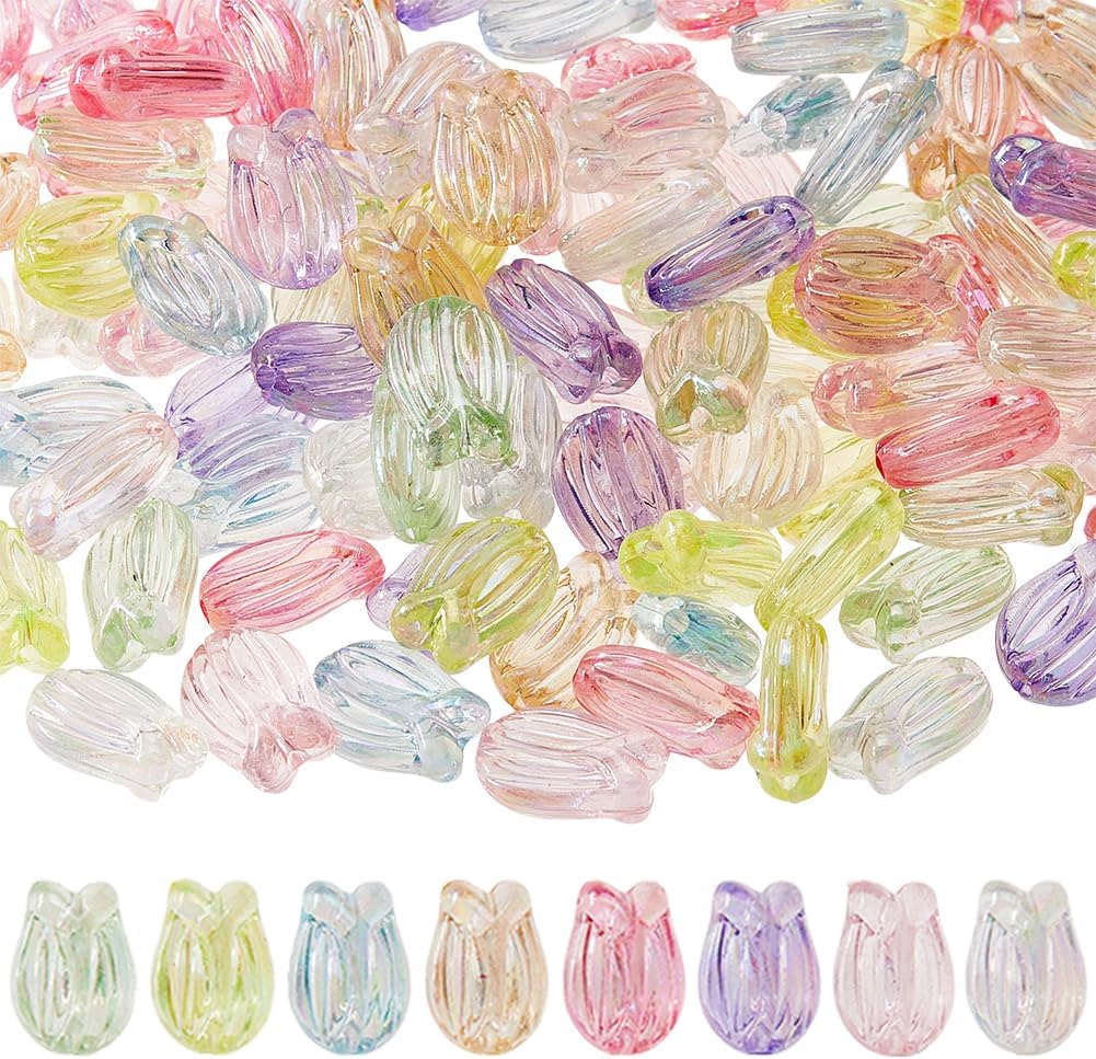 DICOSMETIC 100Pcs Tulipa Flower Beads Colorful Acrylic Flower Buds Bead AB Color Plated Transparent Acrylic Bead Small Craft Beads for Bracelet Necklace Earrings Jewelry Making