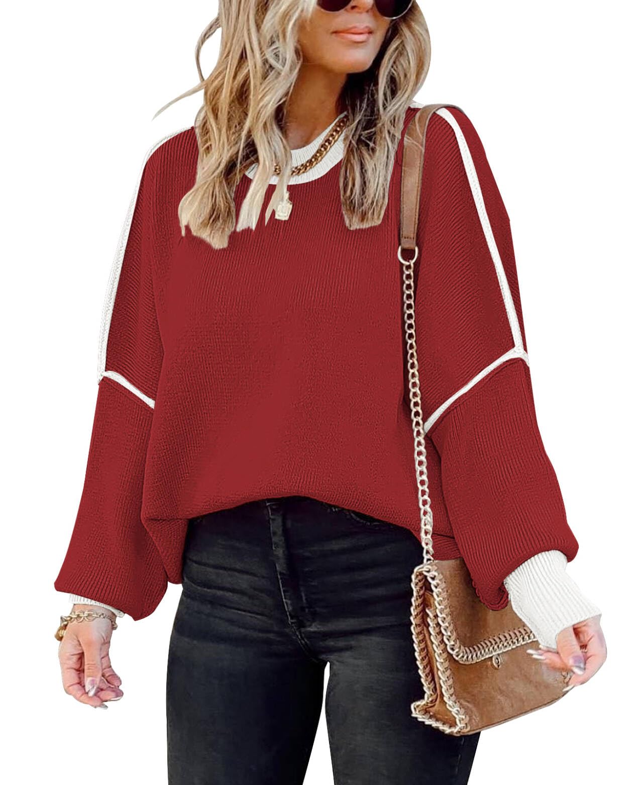 SAUKOLE Womens Sweaters Batwing Sleeve Side Slit Loose Knit Pullover Tops