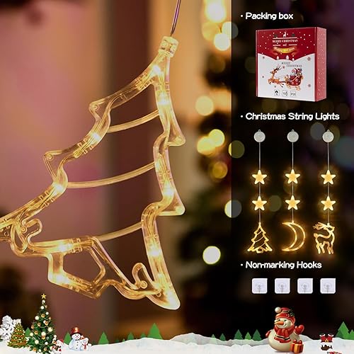Miniatura 9 de EVOIONOS Luces navideñas para ventana, funcionan con pilas, con ventosa, paquete de 3 campanas de copos de nieve y estrellas, luces de ventana de