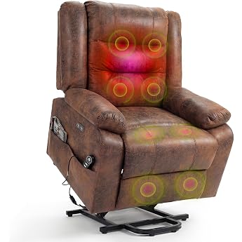 Electric TV Chair with Standing Aid Relaxing Chair Massage Chair with Heat Function Reclining Function Remote Control Adjustable Sleep Function and Footrest up to 220 kg Brown Flock Leather
