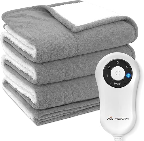 Warm Storm Manta térmica eléctrica, manta eléctrica de sherpa y forro polar, manta de calentamiento rápido con 5 ajustes de calor 4 horas de apagado