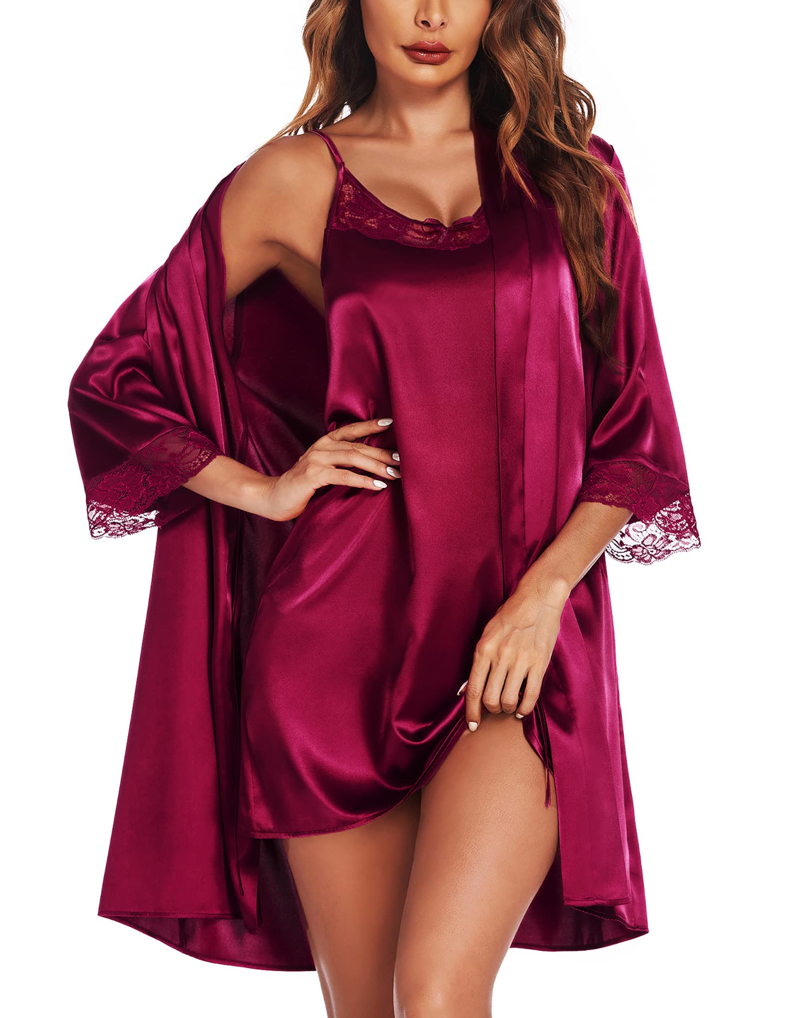 Ekouaer Camisones de Mujer Sexy Kimono Albornoz Seda Camisón Corto Verano Batas de Pijamas, S-XXL
