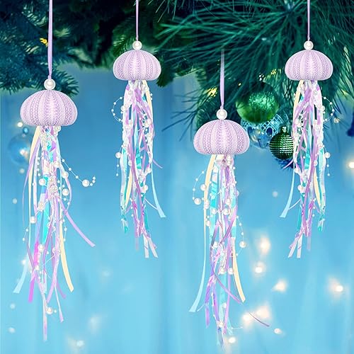 4 piezas de medusas decorativas para fiestas temáticas de sirena y decoraciones de fiesta bajo el mar, manualidades naturales de erizo de mar hechas