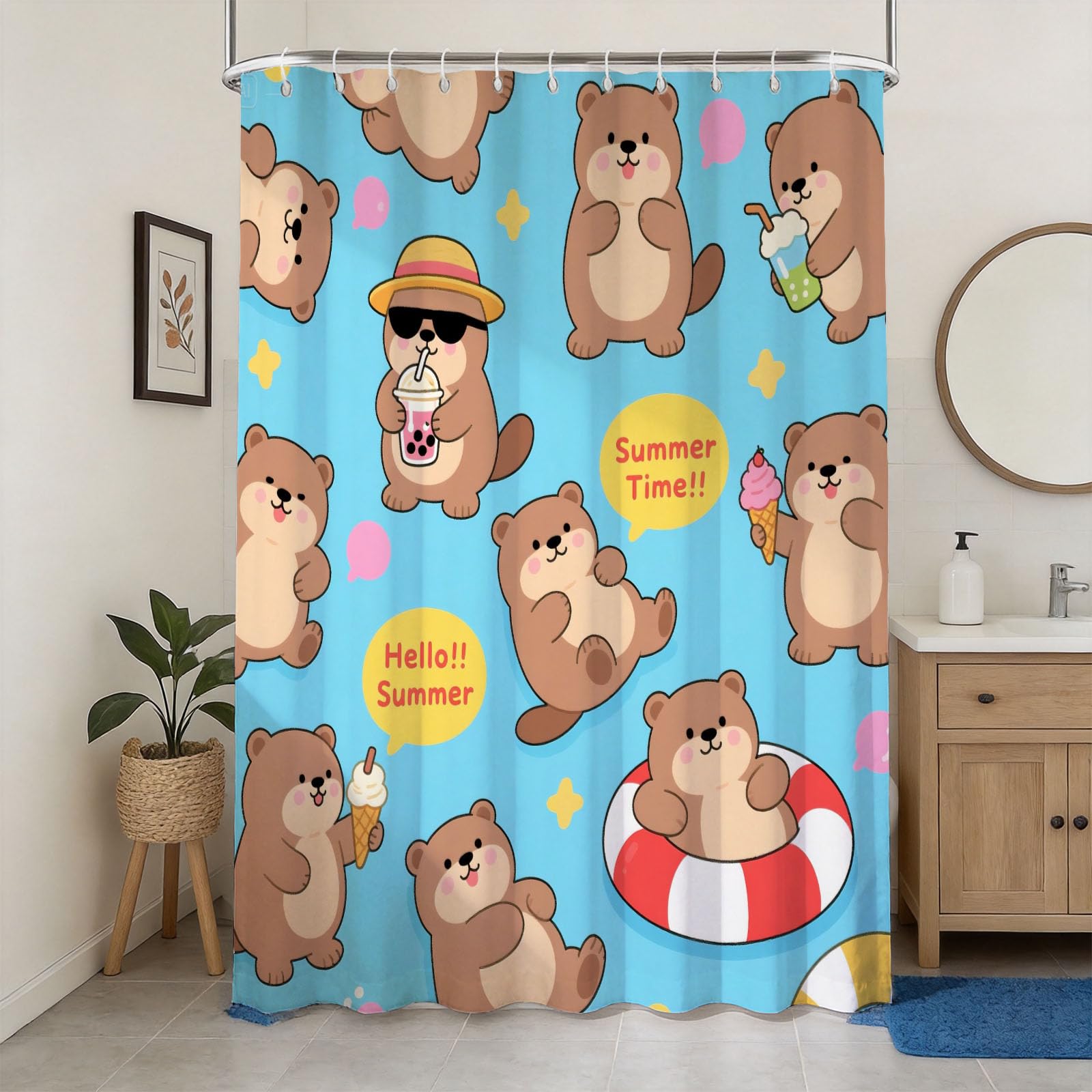 Hongduo 3D Cartoon Otter Shower Curtain for Stalls Bathtubs Summer Bathroom Decor Shower Curtain Set Polyester Fabric Waterproof 120x180cm/48X71 Inch with Hooks