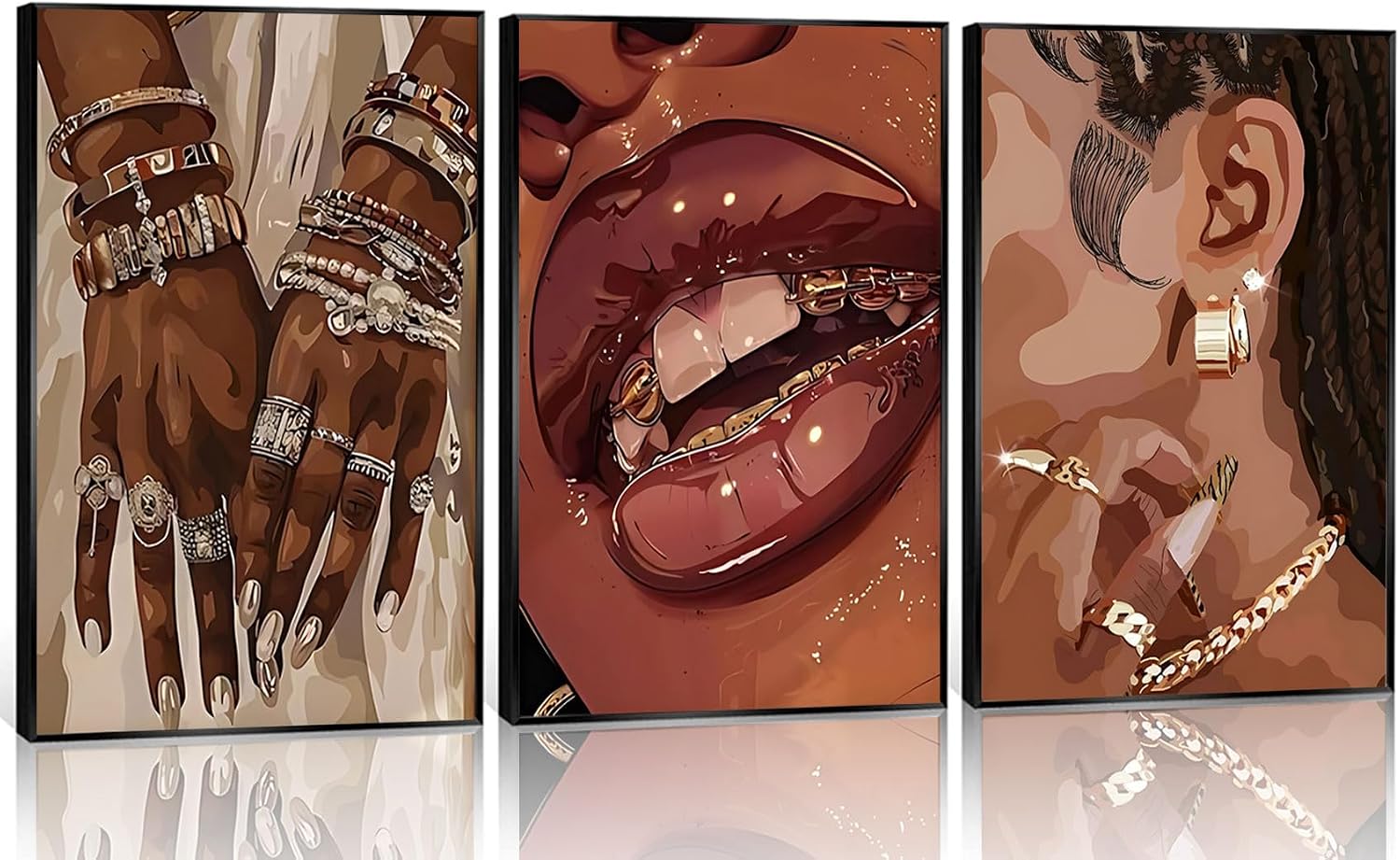 3 Pcs Trendy Black Woman Canvas Wall Art Fashion Bracelets Earrings Necklaces Gold Teeth Wall Decor Pictures African American Woman Posters Prints for Girl Bedroom Home Decoration 12x16in Unframed