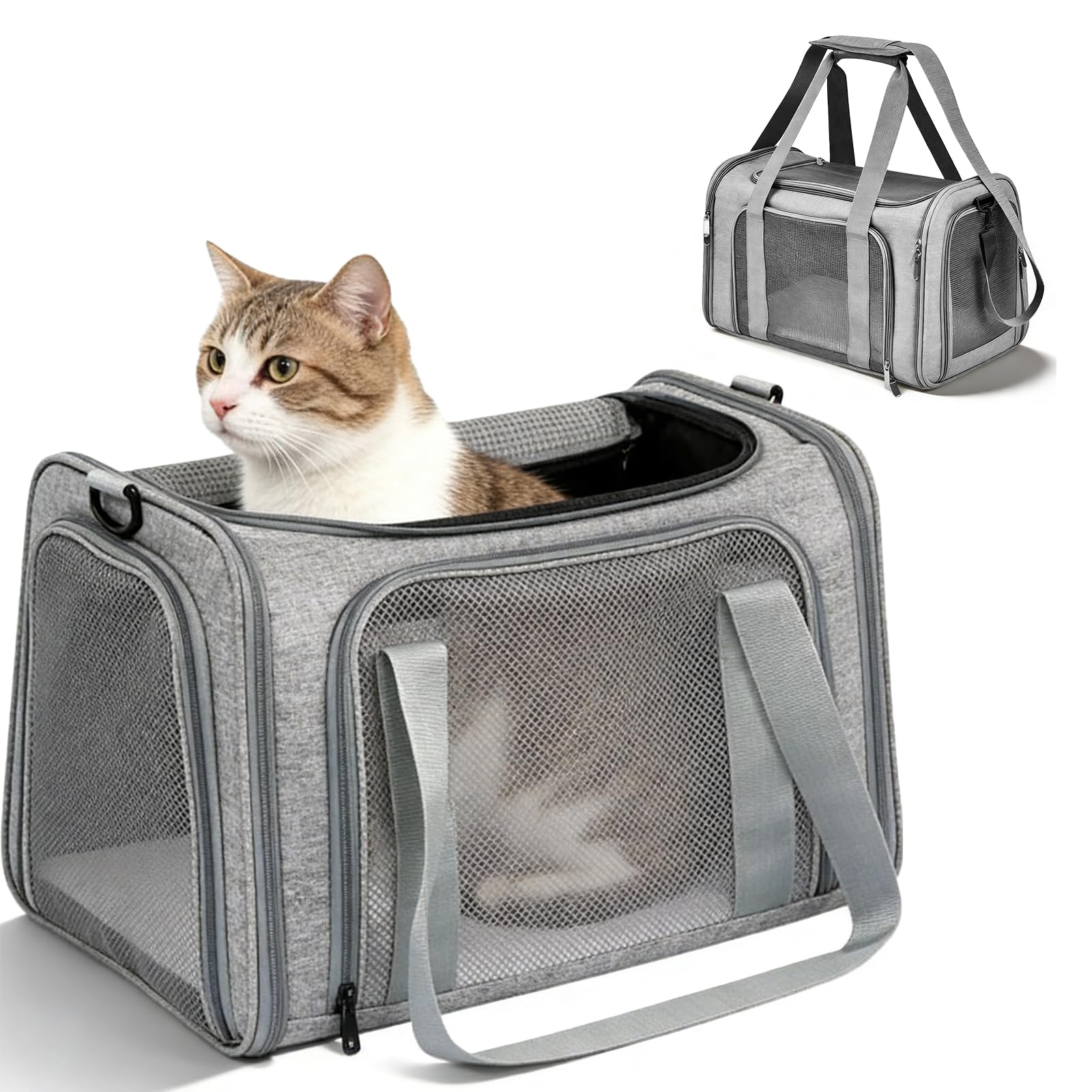 Trasportino Gatto Pieghevole, Trasportino Per Gatti, Borsa Per Il Trasporto Di Gatti, Gabbia Con Tracolla Regolabile, 45 X 30 X 30 Cm, Adatto Per Gatti E Cani Di Piccola Taglia, Grigio