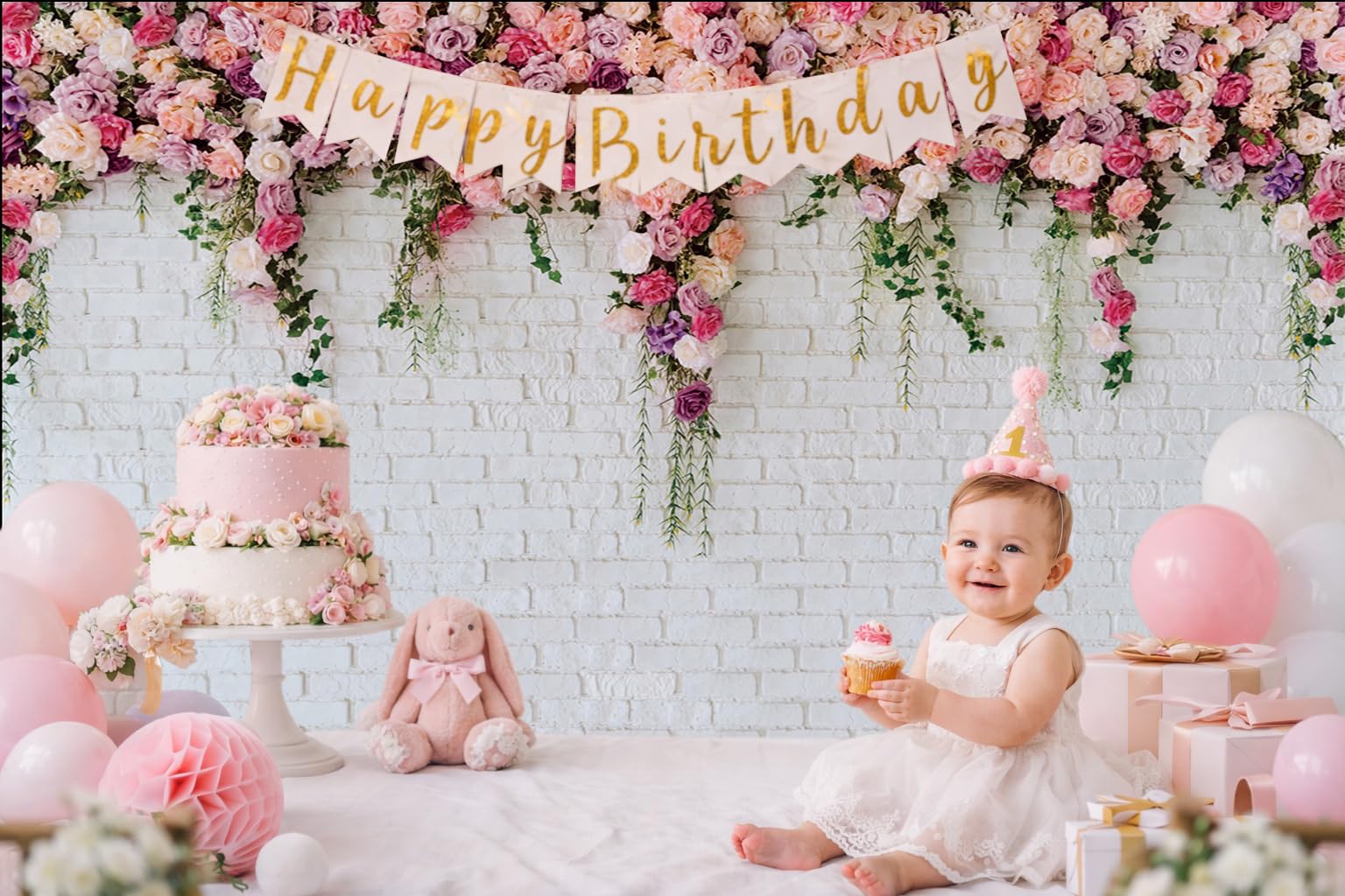 134 Fotohintergrund, 3x2.4 m, weiße Ziegelmauer, Blumen, Valentinstag, Hochzeit, Brautschmuck, Babyparty, Geburtstag, Party, Fotografie, Hintergrund, Dekoration, Fotokabine, Requisiten