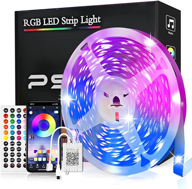 Taśma LED 10 m, PSTAR Bluetooth RGB 5050 24 V z pilotem zdalnego sterowania na podczerwień, sterowanie trybem muzycznym, ustawienie timera, do oświetlenia domu, na imprezie, w kuchni