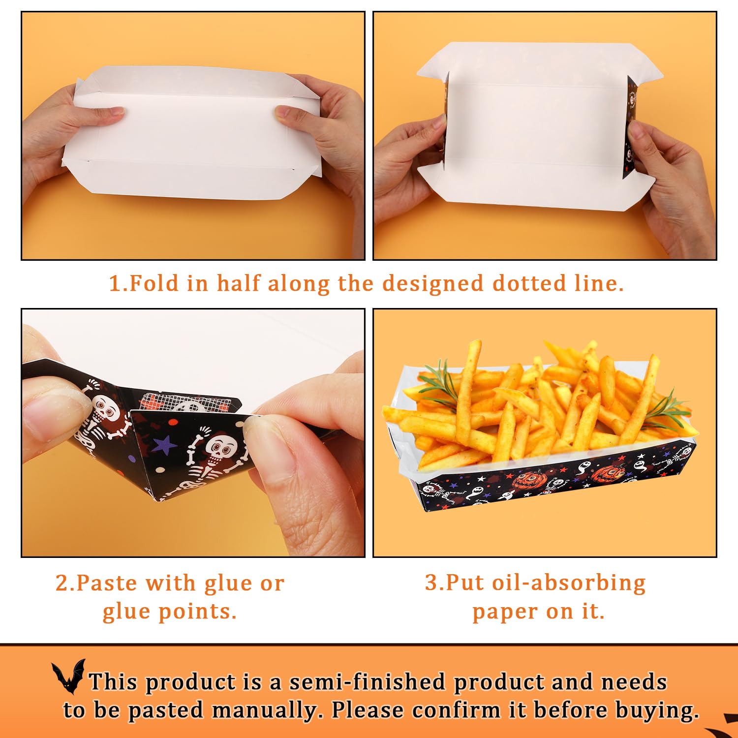 100PCS Halloween Lebensmittel Tablett aus Papier und 100PCS Deli Paper Halloween Tablett Nacho Tablett zum Servieren von Speisen Snacks Hot Dogs Süßigkeiten Brathähnchen (Halbfertigprodukt)