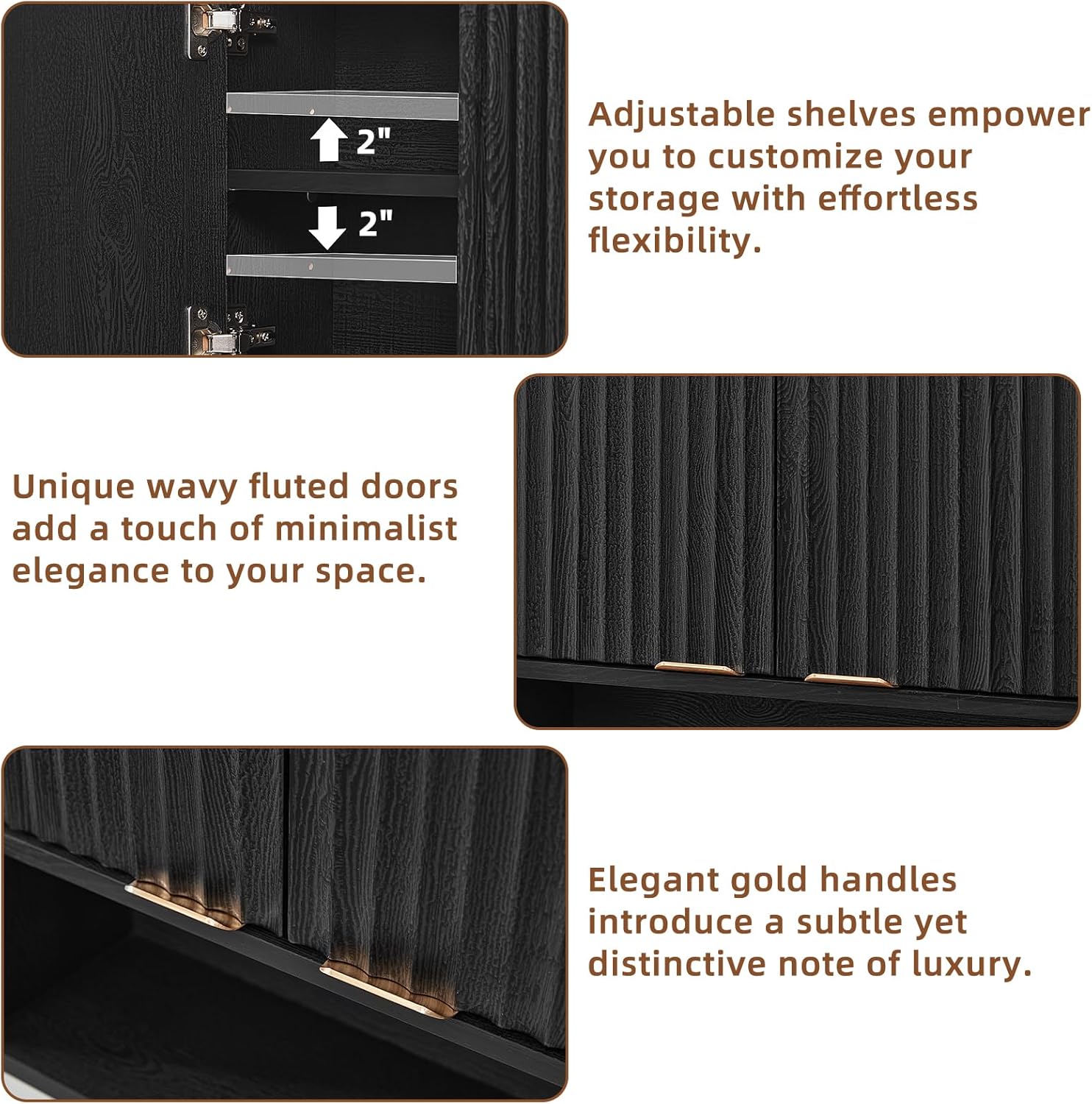 LEYAOYAO Fluted Bathroom Wall Cabinet, Wall-Mounted Medicine Cabinet with Adjustable Shelf & Doors, Farmhouse Floating Over the Toilet Storage Cabinets for Laundry Room, Kitchen, Living Room (Black)