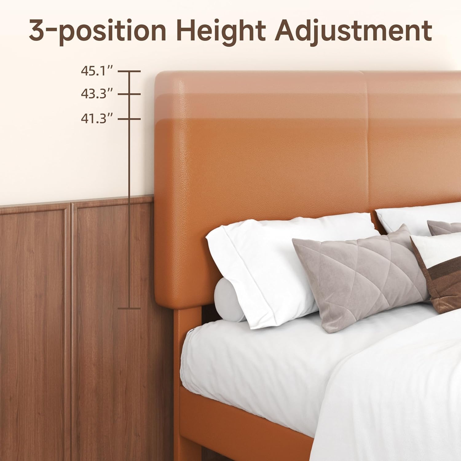 Queen Upholstered Platform Bed Frame with Headboard, Faux Leather Modern Bed Frame with Wood Slat Support, No Box Spring Needed, Easy Assembly, Orange-Brown