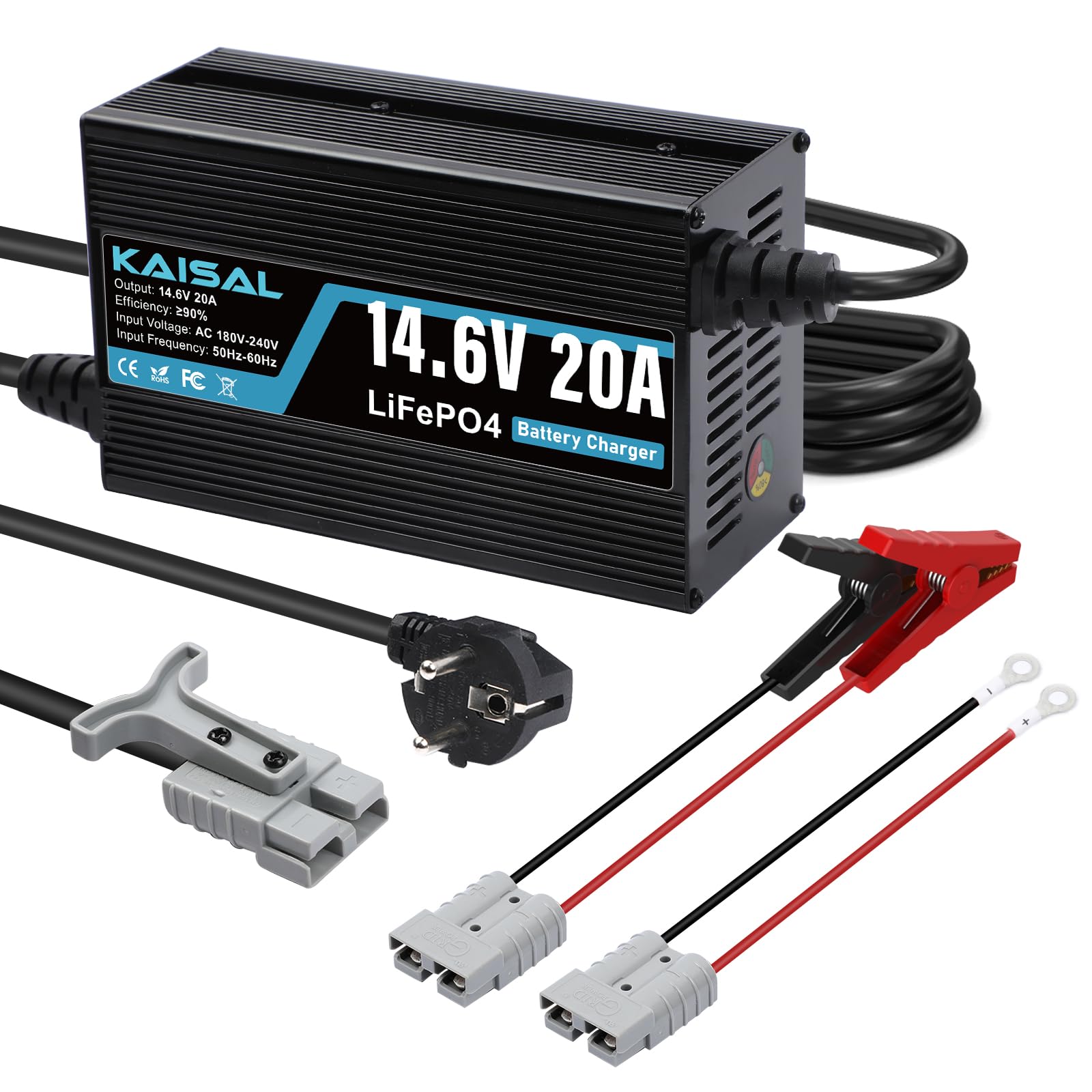 KAISAL 14.6V 20A Caricabatterie al Litio, 12V Caricabatterie LiFePO4 3-Step Carica Intelligente Caricatore LiFePO4 Indicatore di Carica a LED per RV, Barca,Solare