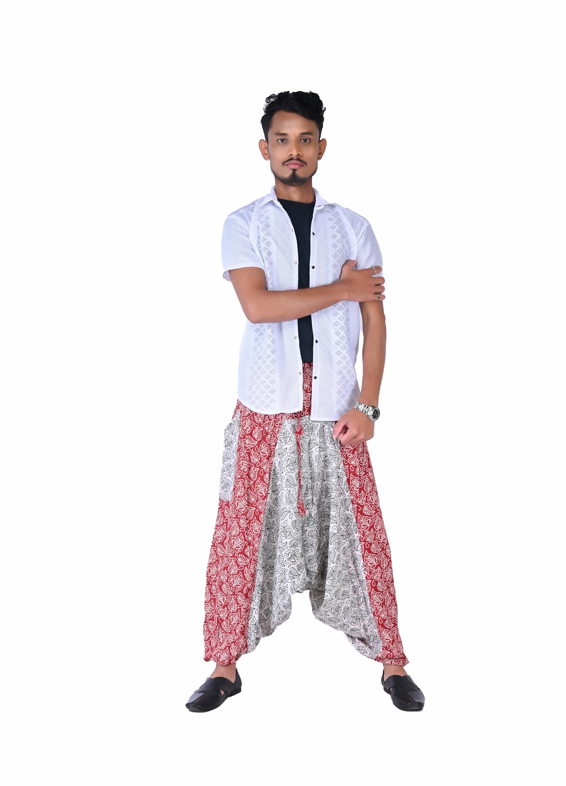 Men's Harem Pants, Maroon and White, Leaf Print, Relaxed Fit, Ethnic Boho Style, Unisex Standard-picture-21