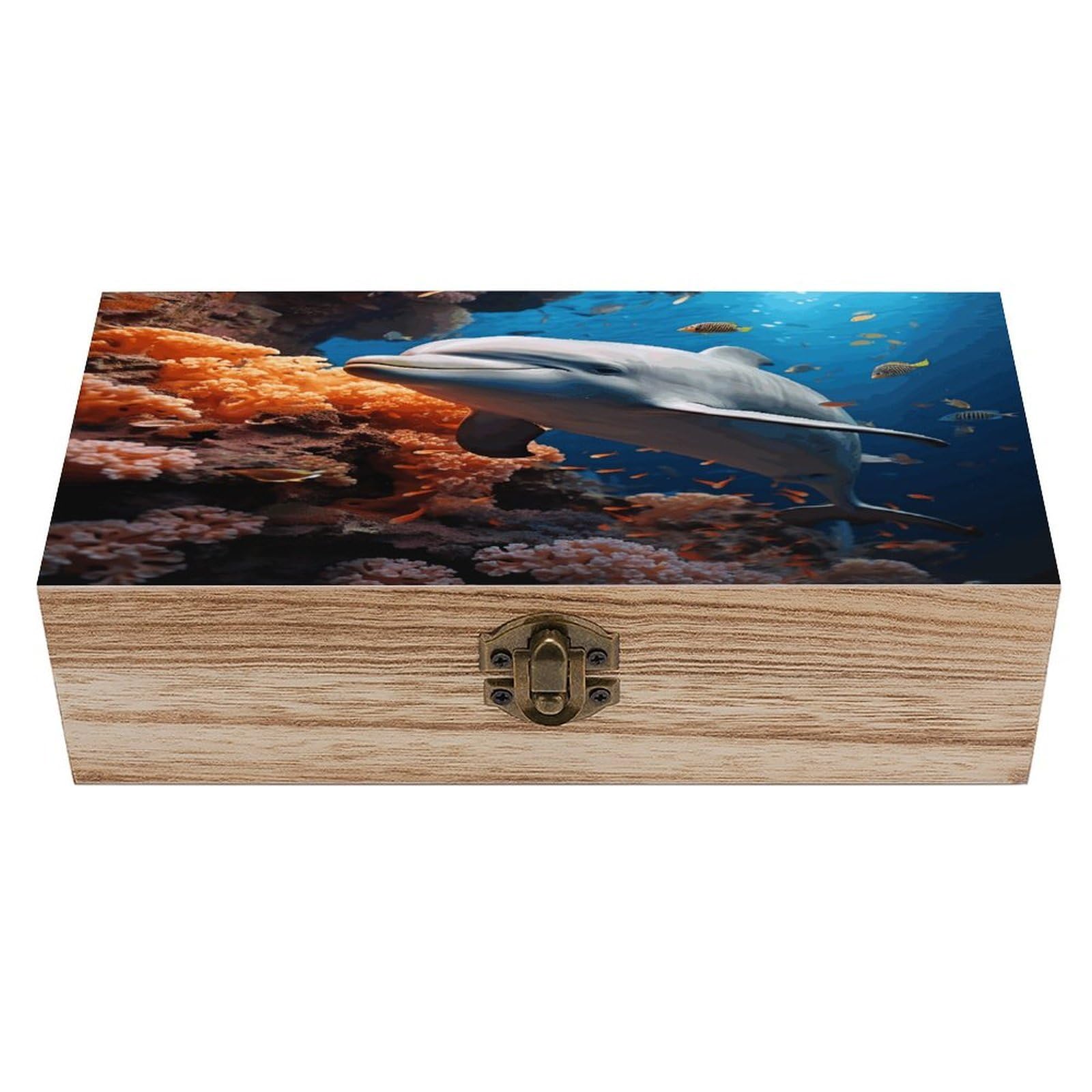 FekiLoot Dolphin On Coral Wooden Box with Hinged Lid Vintage Storage Box Beautifully Wood Keepsake Boxes Jewellery Organiser & Trinket Holder Unique Gift Ideas for Men & Women