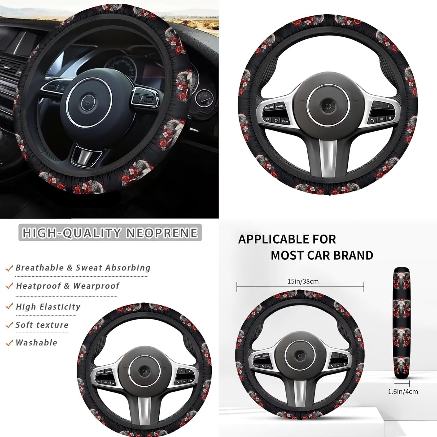 Vintage Elephant Car Rear Bench Protective Front Seat 14 Pcs Car Interior Accessories Set Animal Print Universal Steering Wheel Cover Headrest Covers Armrest Pad Cover Universal Fit