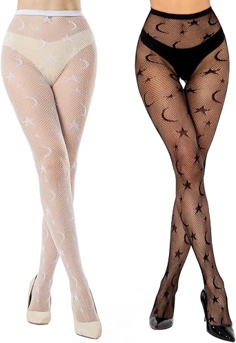 Yilanmy Womens Patterned Tights Fishnet Stockings Black Fishnets Sexy Goth Pantyhose Halloween Tights 2 Pairs