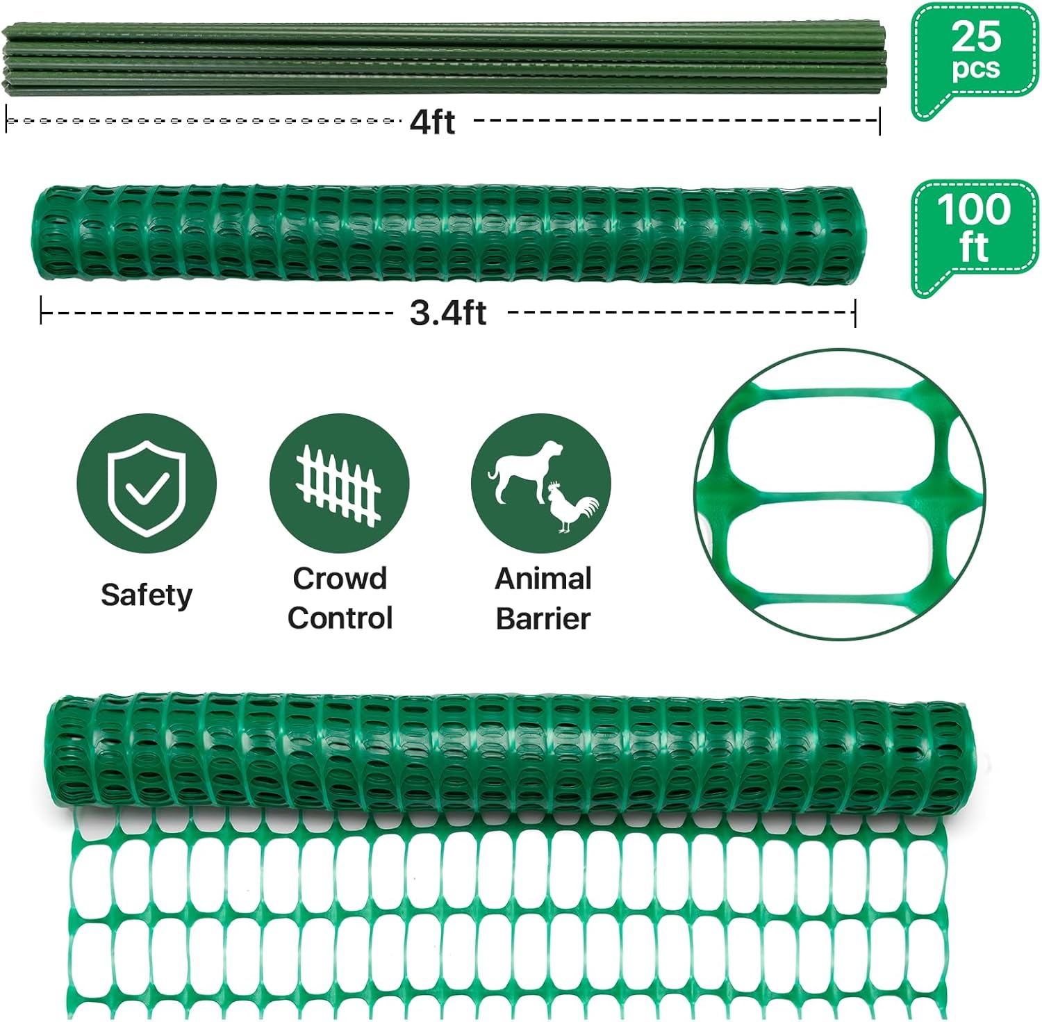 Temporary Fence Plastic Fence with Posts, Safety Barrier for Dogs Snow Mesh Fencing with Steel Stake Movable Portable Fencing Fence Roll 40In High 100Ft Long for Garden Backyard Outdoor