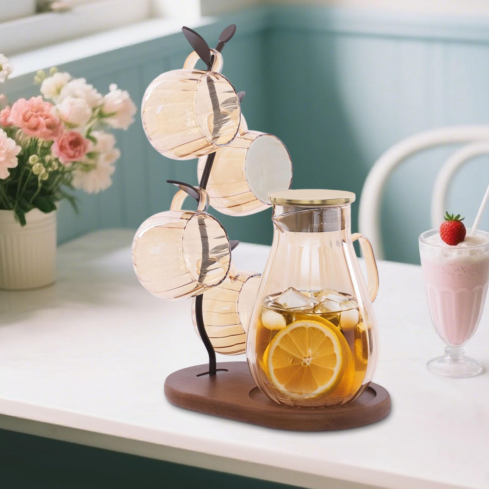 Wasserkaraffe mit Deckel Glaskaraffe mit 4* Tassen & 1 * Rack Klar Glas Karaffe aus Borosilikat & Holz 1,5L