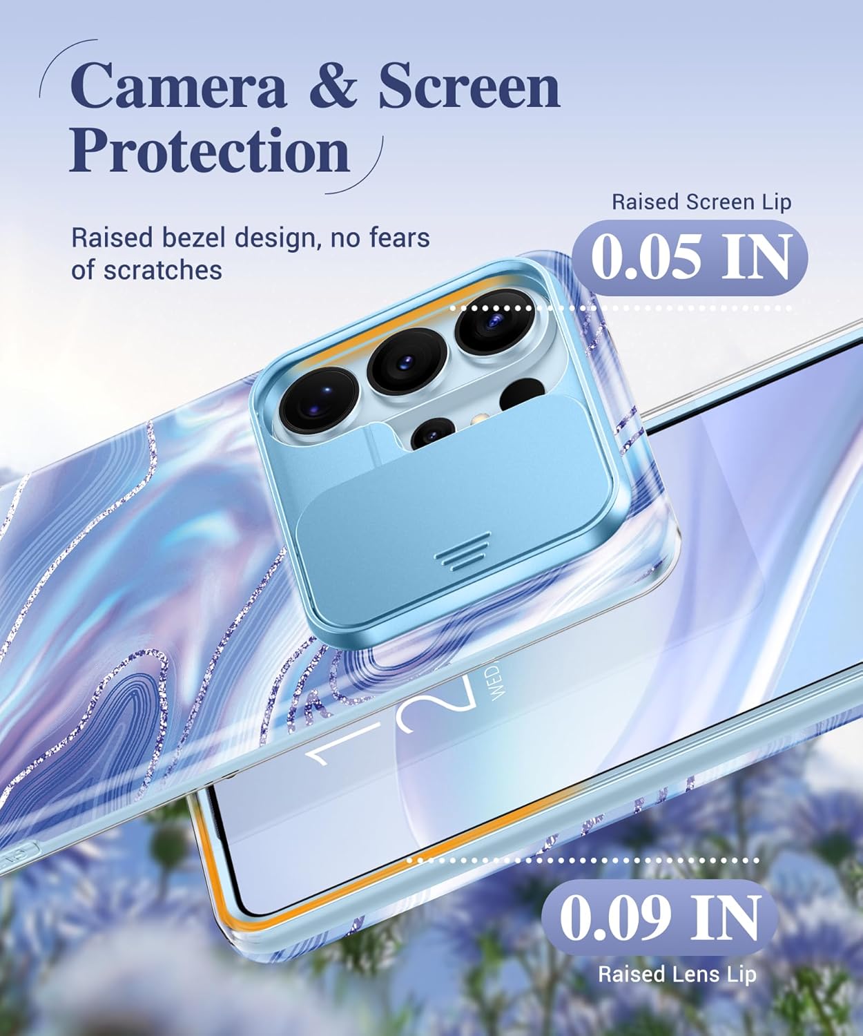 GVIEWIN for Samsung Galaxy S26 Ultra Case, [Slide Camera Cover & Built-in HD Screen Protector] [2 Front Frames] Shockproof Military Grade Protective Marble Phone Case S26 Ultra 6.9"(Aurora/Azure Blue)