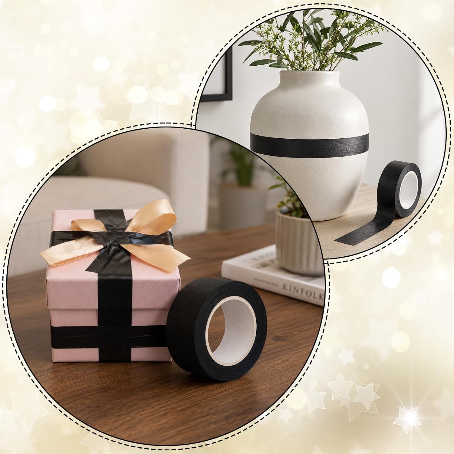 2 Roll Washi Tape Black 14 Yards*1 Inch Self Adhesive Masking Sticker Border Masking Tapes for Assisting and Decorating Paintings Holiday Gift Boxes Scrapbooks DIY Art Craft Wrapping Decoration
